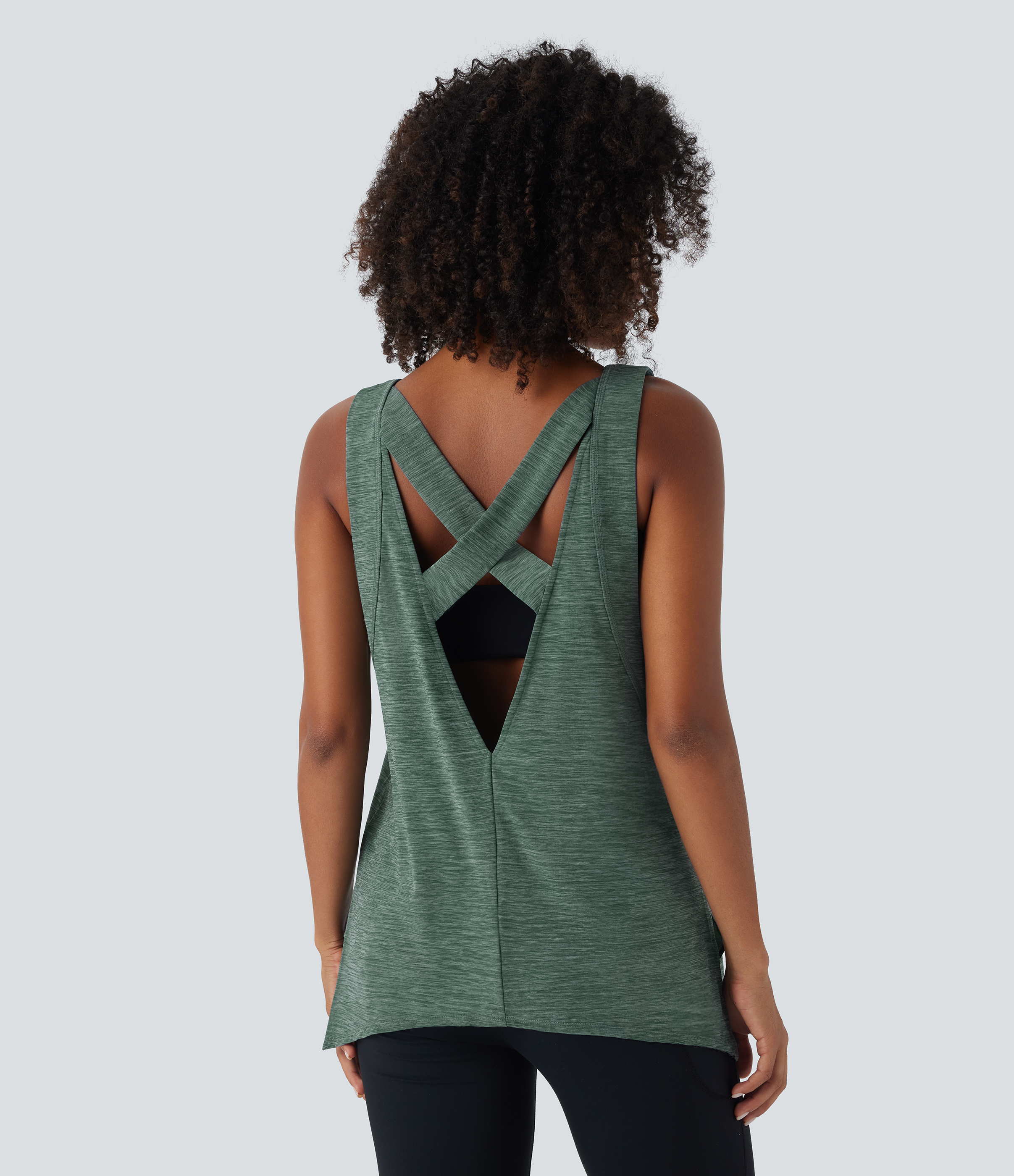 Halara Round Neck Backless Crisscross Side Split Running Tank Top Tank Top - Green Texture - S golf tops halter top tunic tops 