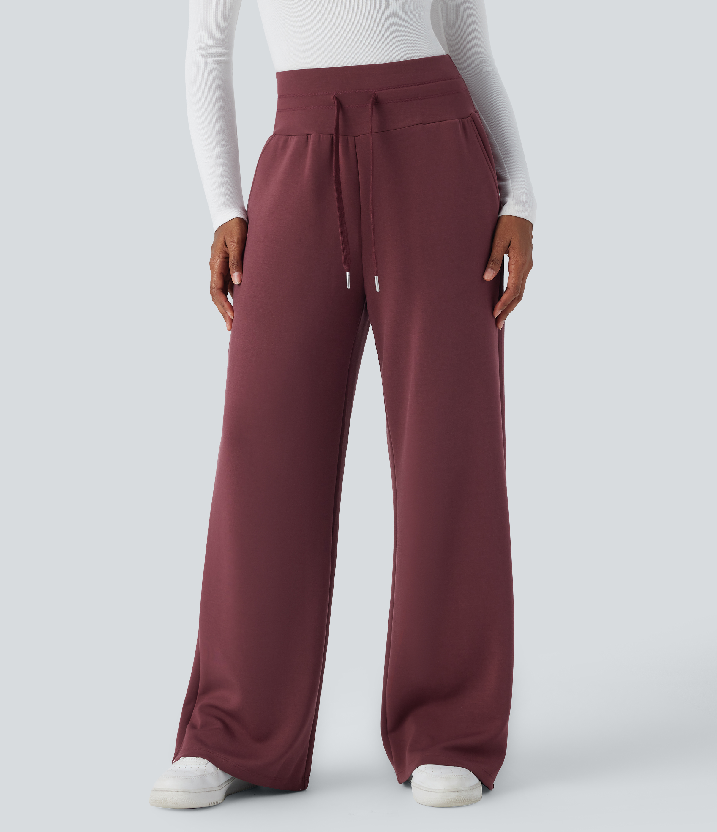 Halara High Waisted Drawstring Side Pocket Wide Leg Casual Pants  - Oxblood Red - L(regular) sweatpants jogger pants stacked sweatpants 
