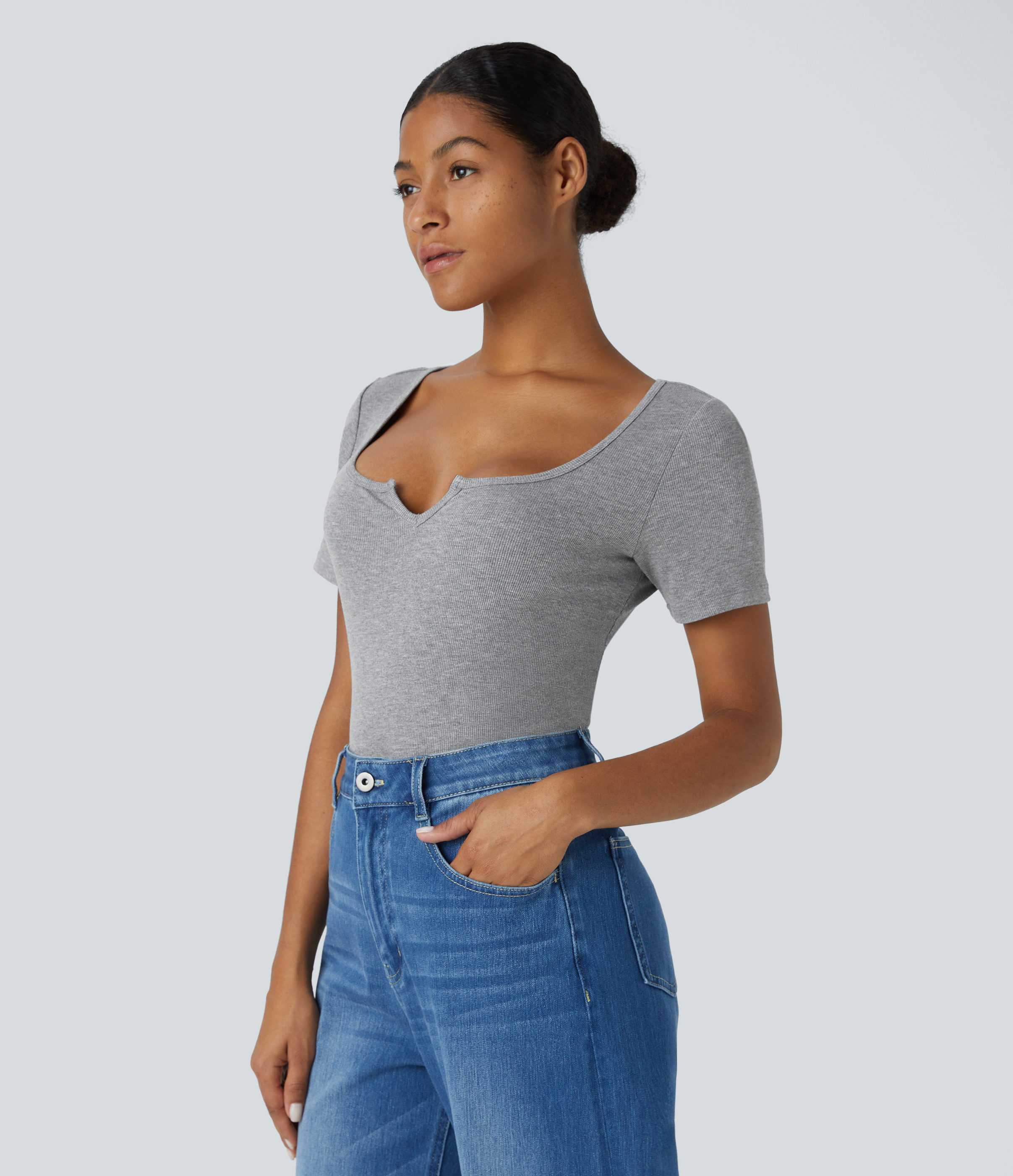 Halara Ribbed Notched Scoop Neck Short Sleeve Slim Casual Top Tank Top - Ash Grey - M golf tops halter top tunic tops sleeveless tops 