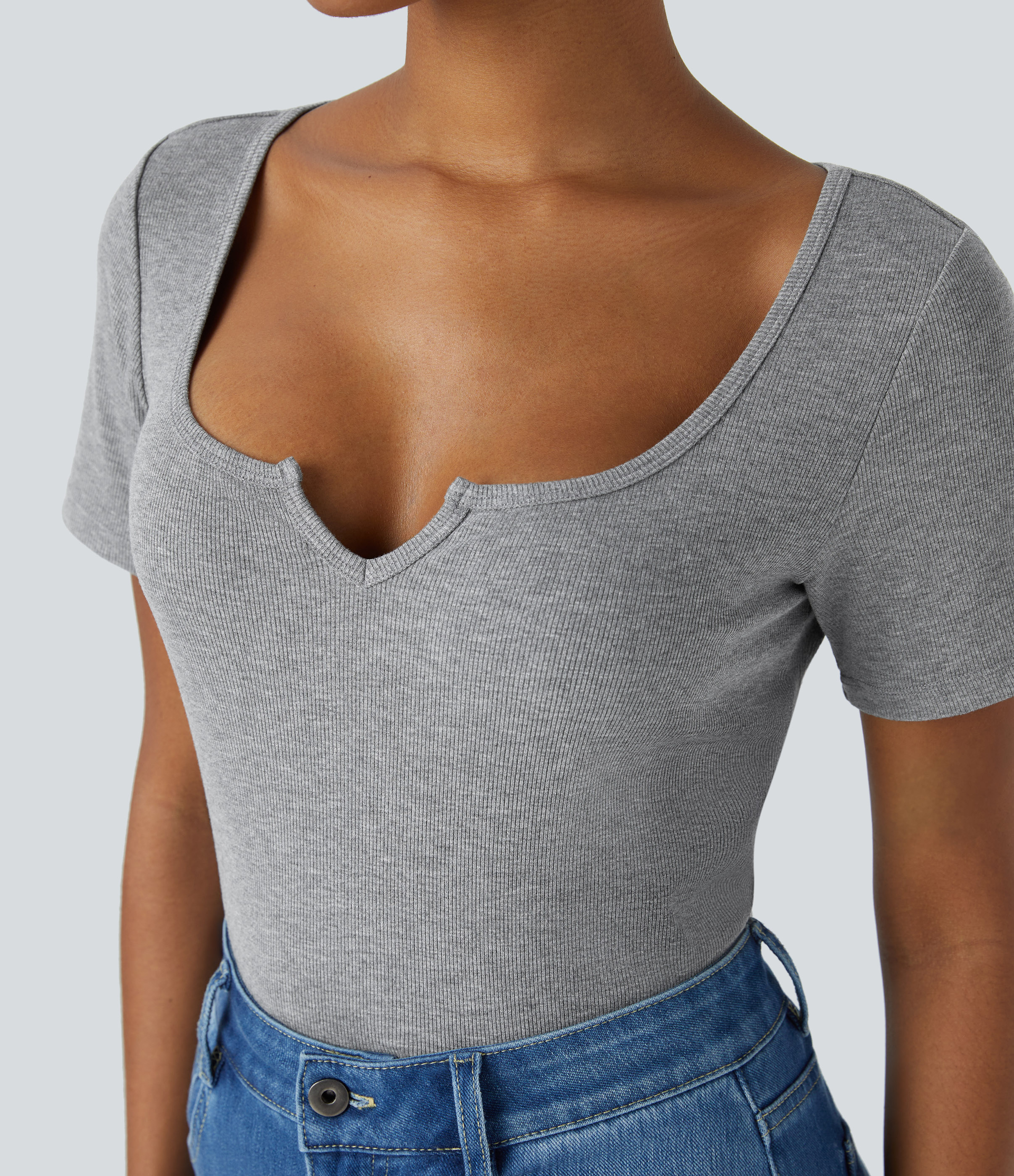 Halara Ribbed Notched Scoop Neck Short Sleeve Slim Casual Top Tank Top - Ash Grey - M golf tops halter top tunic tops sleeveless tops 