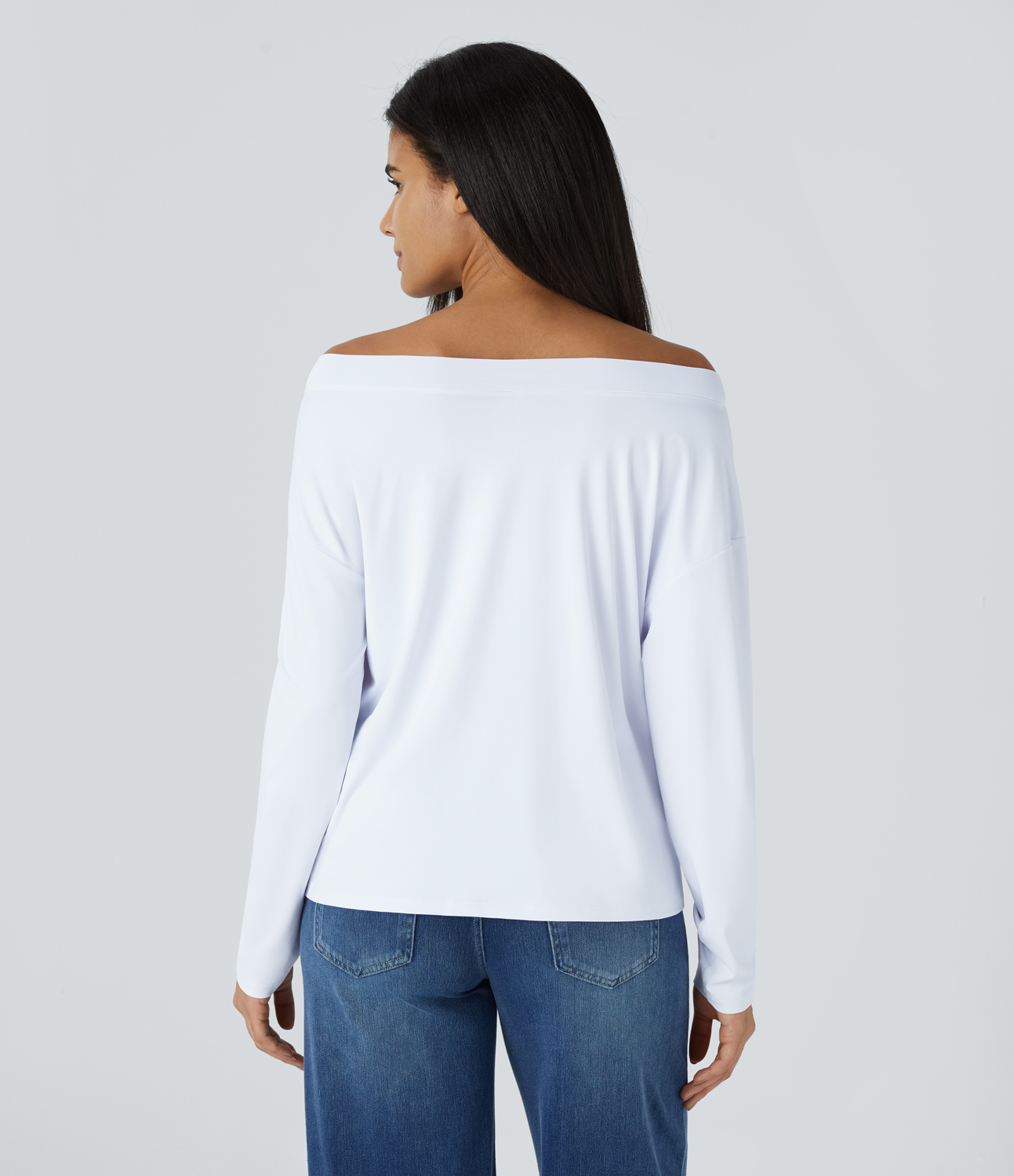 Halara Off Shoulder Long Sleeve Casual Top Tank Top - White - L golf tops halter top tunic tops sleeveless tops backless top 