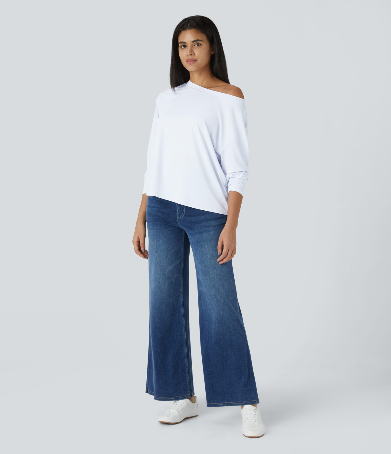 Halara Off Shoulder Long Sleeve Casual Top Tank Top - White - L golf tops halter top tunic tops sleeveless tops backless top 