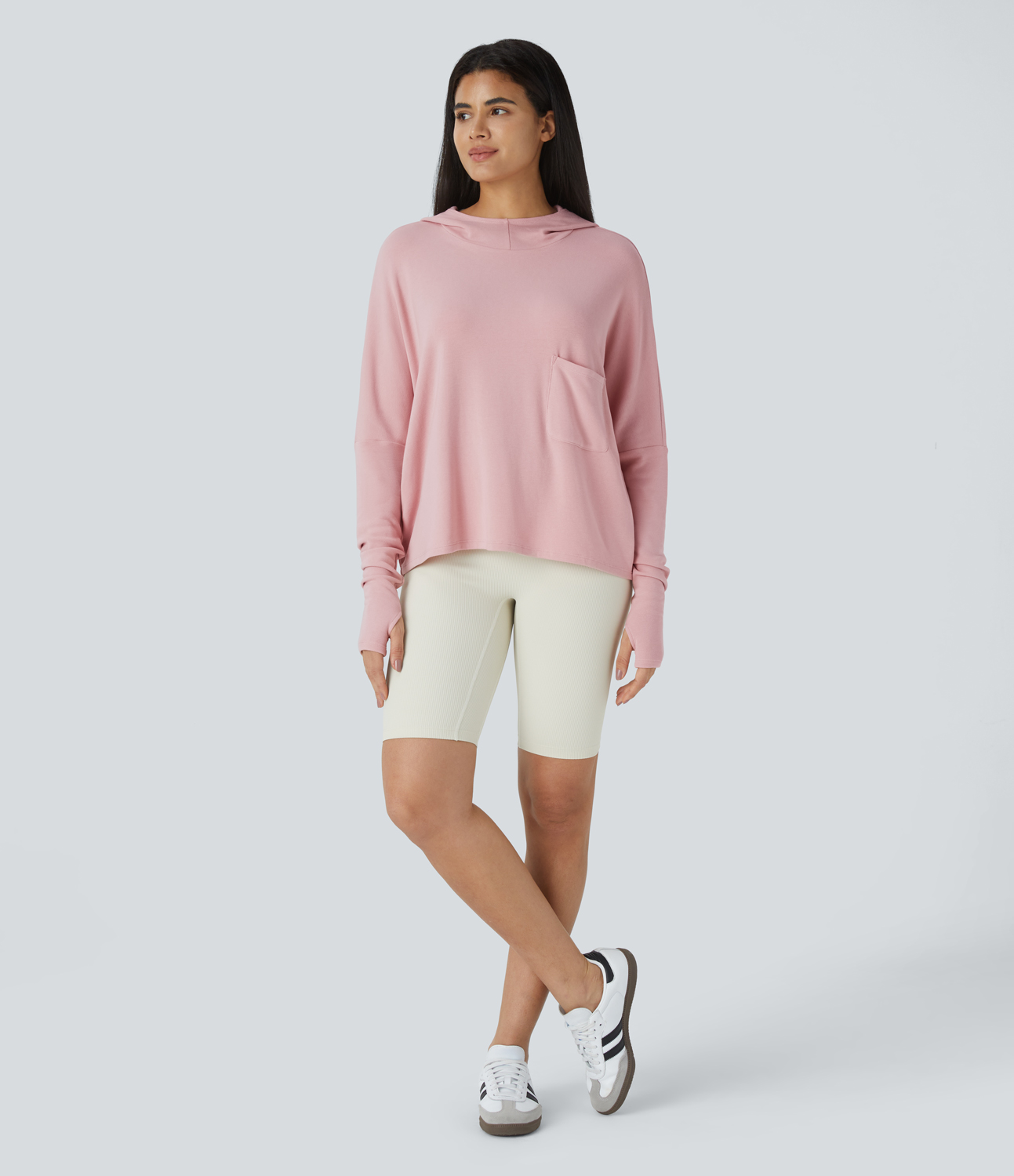 Halara Batwing Sleeve Thumb Hole Pocket Thermal Casual Hoodie  - Dirty Pink - XL 