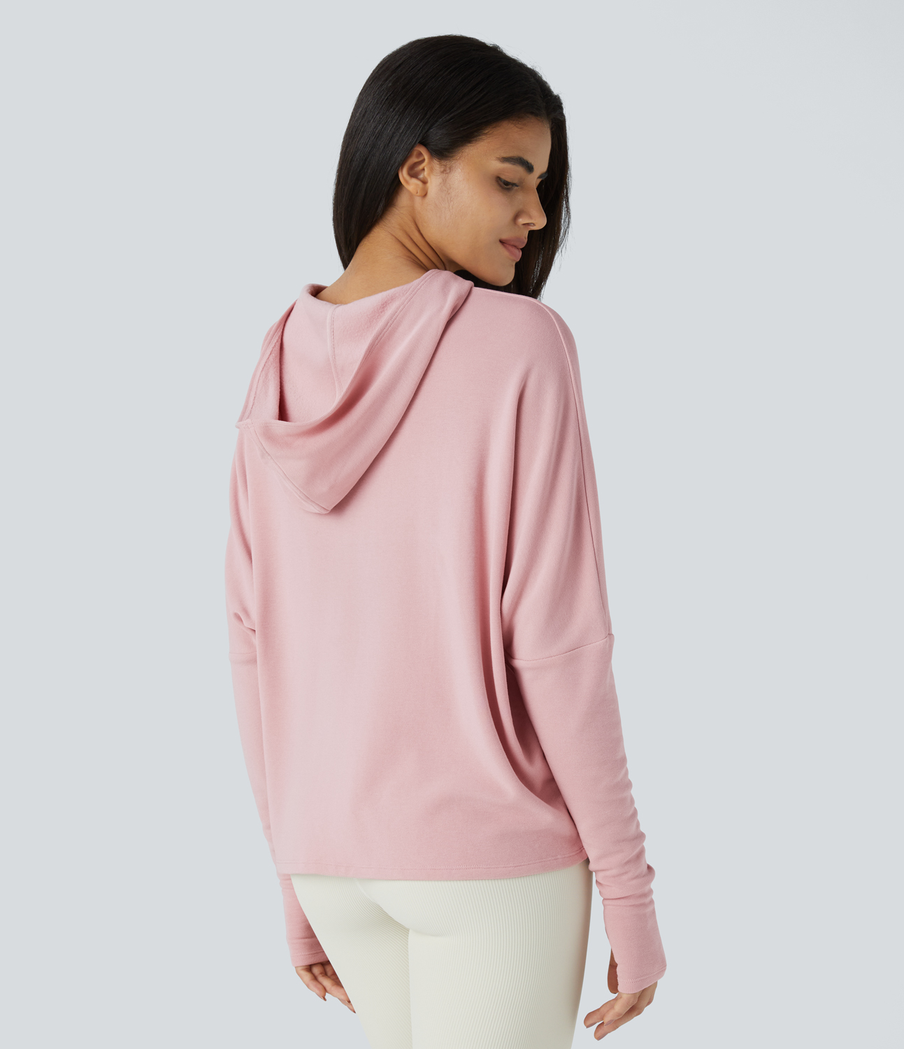 Halara Batwing Sleeve Thumb Hole Pocket Thermal Casual Hoodie  - Dirty Pink - XL 