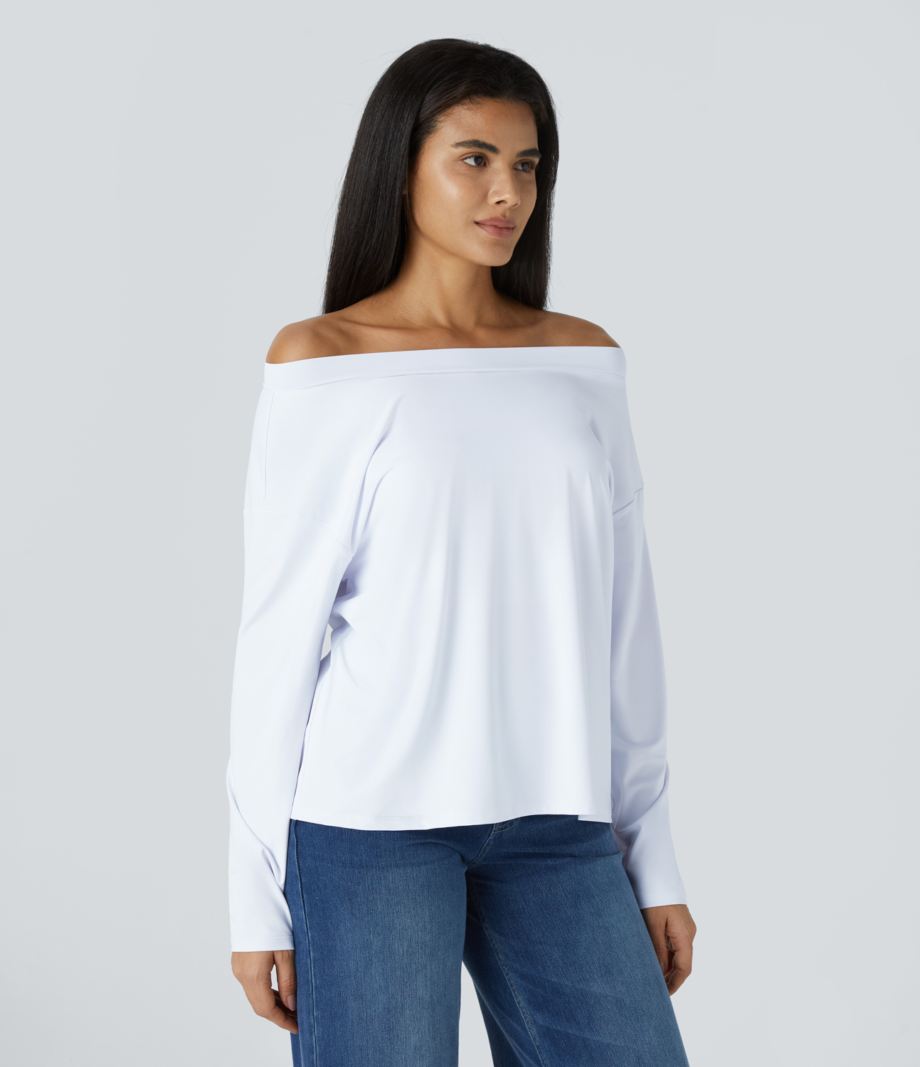 Halara Off Shoulder Long Sleeve Casual Top Tank Top - White - L golf tops halter top tunic tops sleeveless tops backless top 