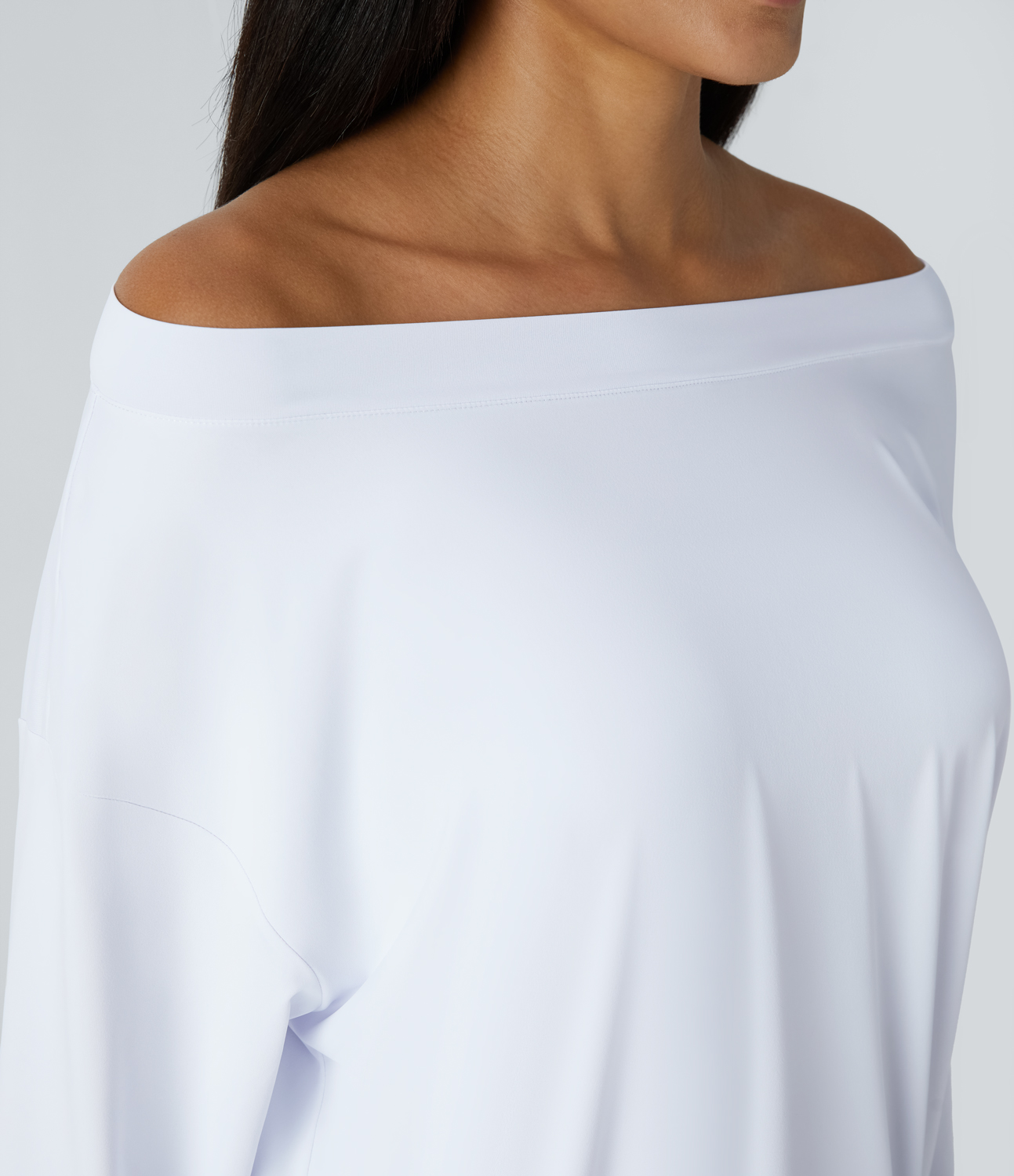 Halara Off Shoulder Long Sleeve Casual Top Tank Top - White - L golf tops halter top tunic tops sleeveless tops backless top 