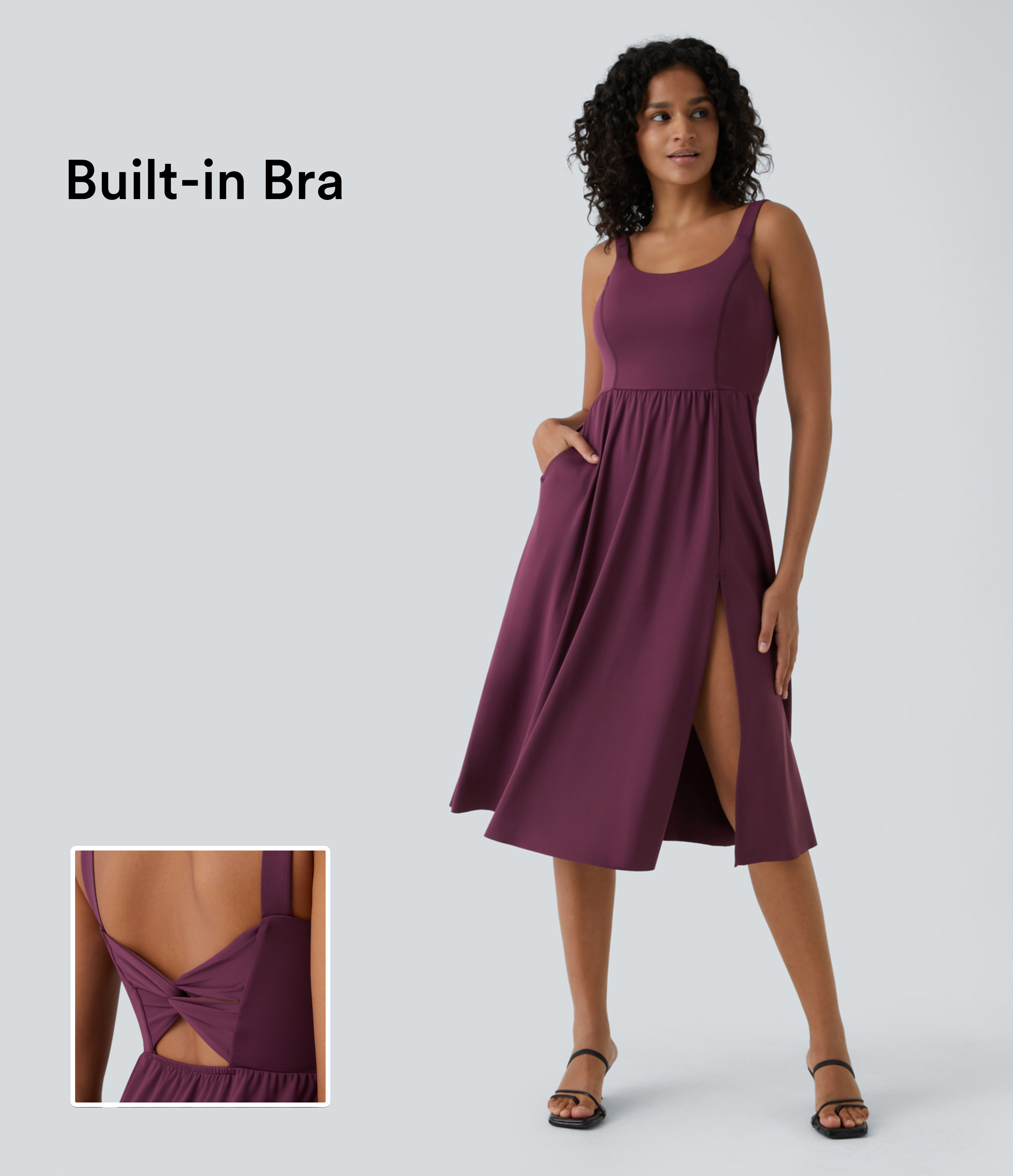 패딩 백리스 트위스트 스플릿 미디 캐주얼 드레스