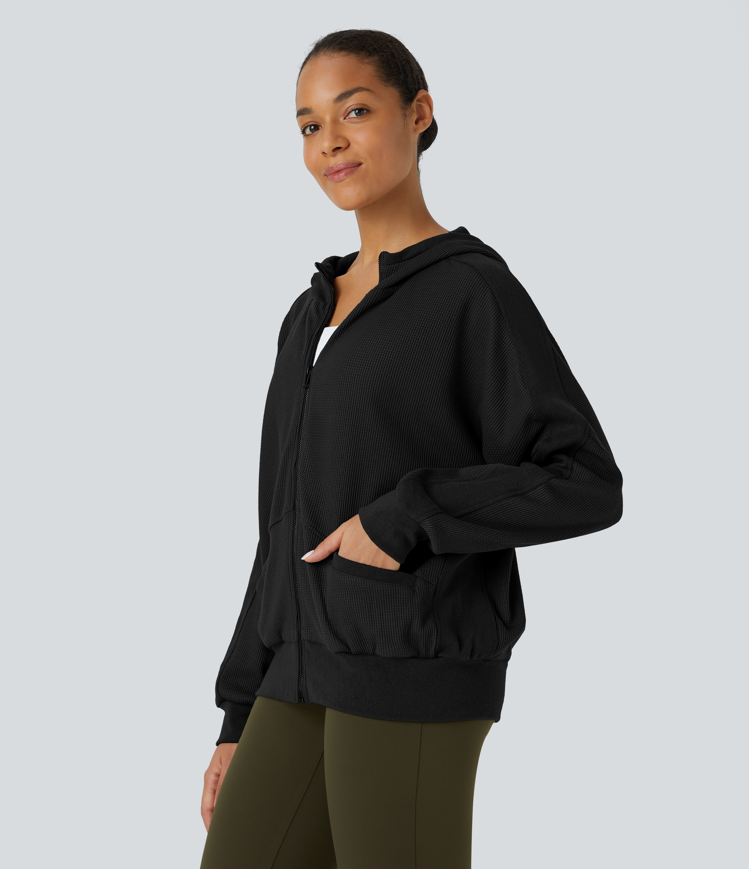 Halara Hooded Zipper Dropped Shoulder Pocket Waffle Casual Jacket  - Black - M 