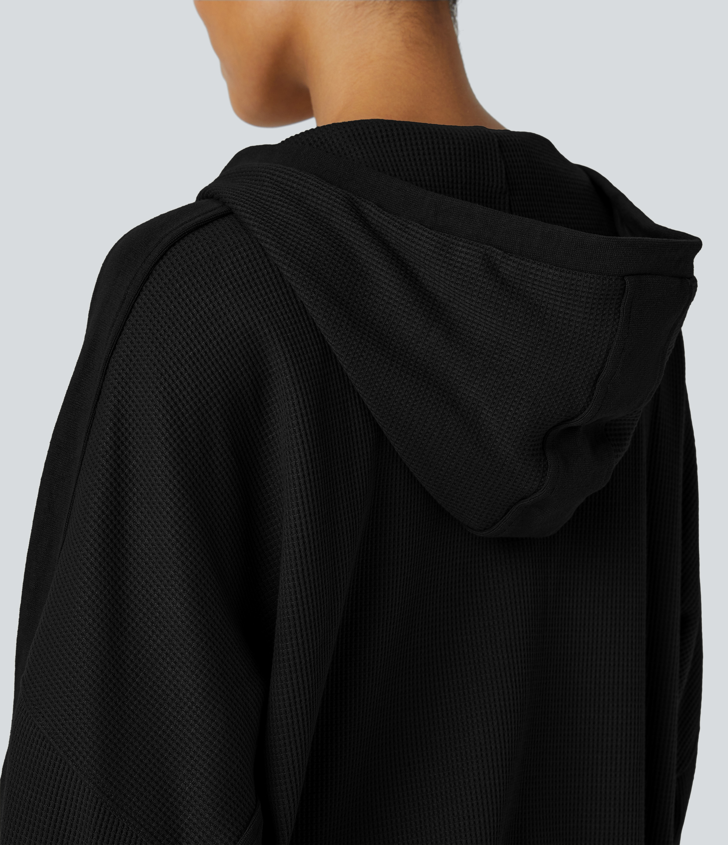 Halara Hooded Zipper Dropped Shoulder Pocket Waffle Casual Jacket  - Black - M 