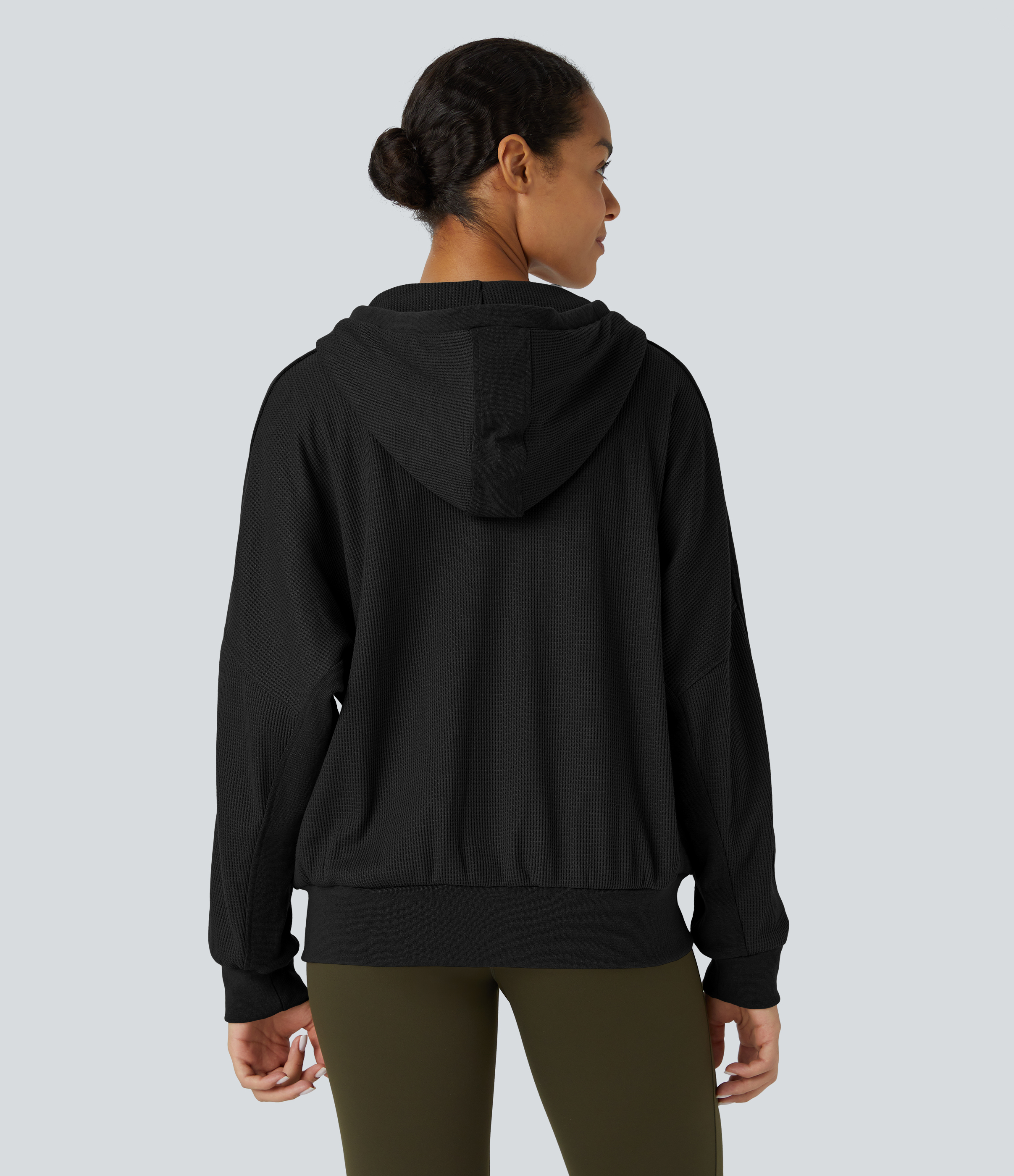Halara Hooded Zipper Dropped Shoulder Pocket Waffle Casual Jacket  - Black - M 