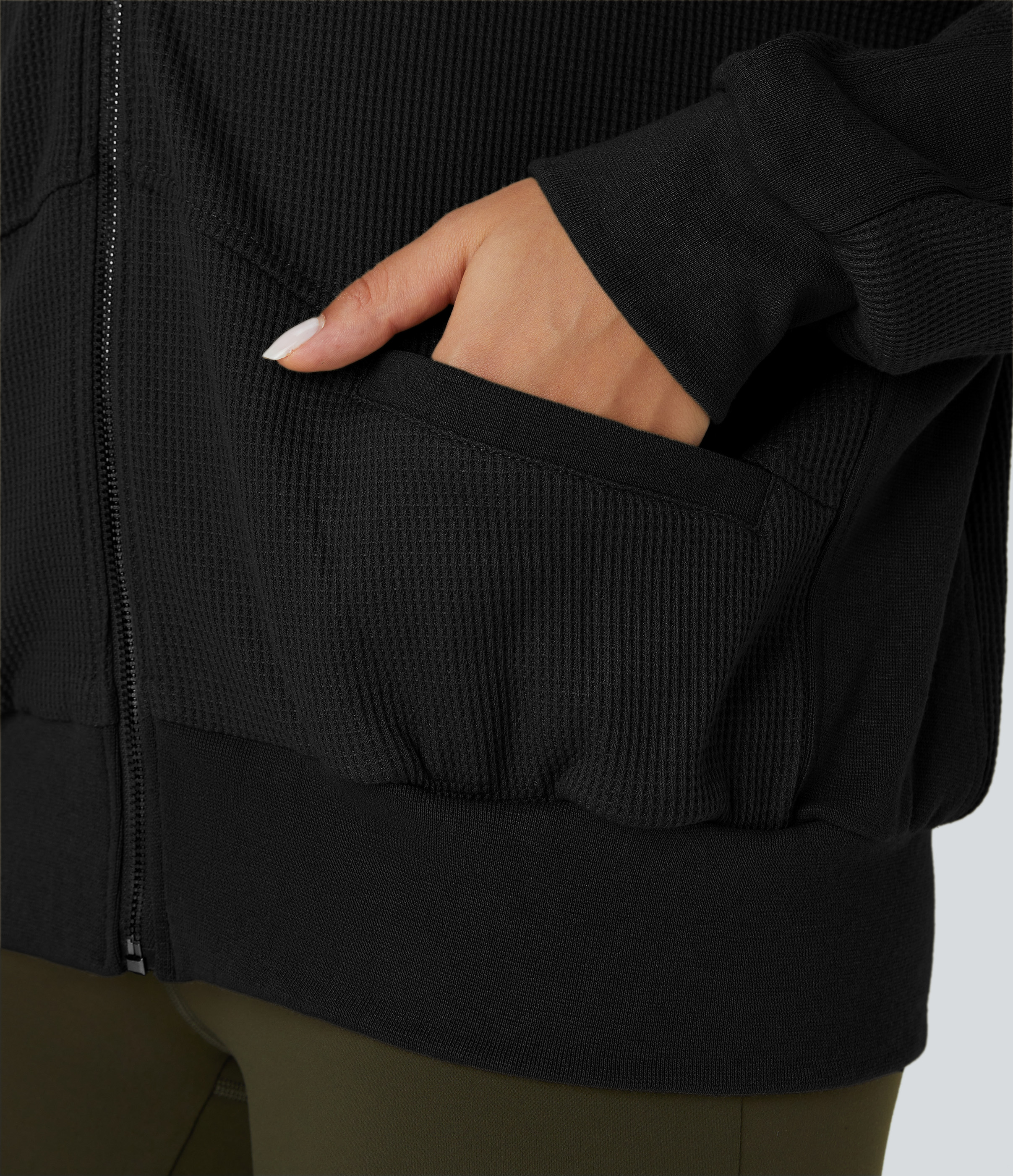 Halara Hooded Zipper Dropped Shoulder Pocket Waffle Casual Jacket  - Black - M 