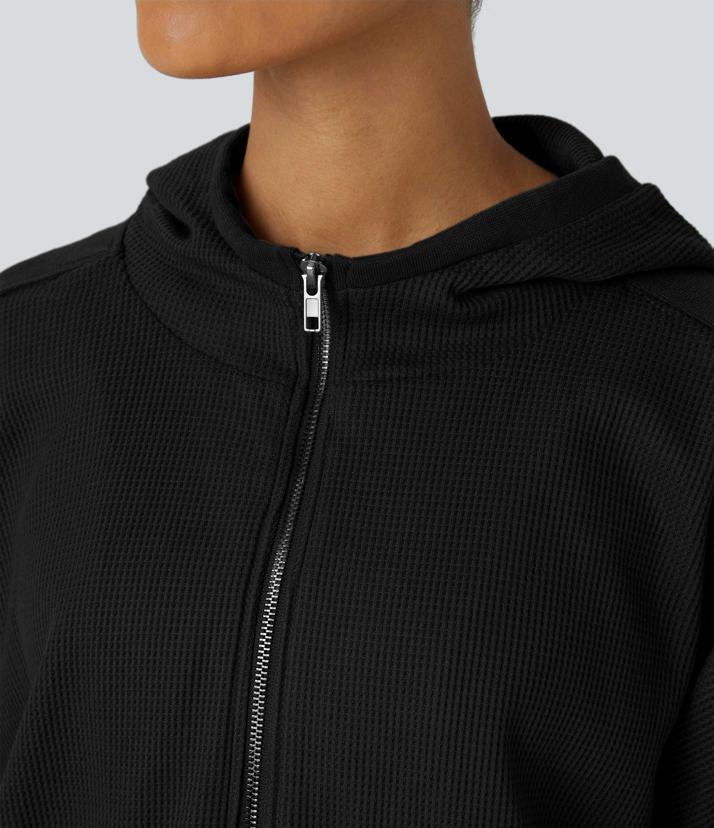 Halara Hooded Zipper Dropped Shoulder Pocket Waffle Casual Jacket  - Black - M 