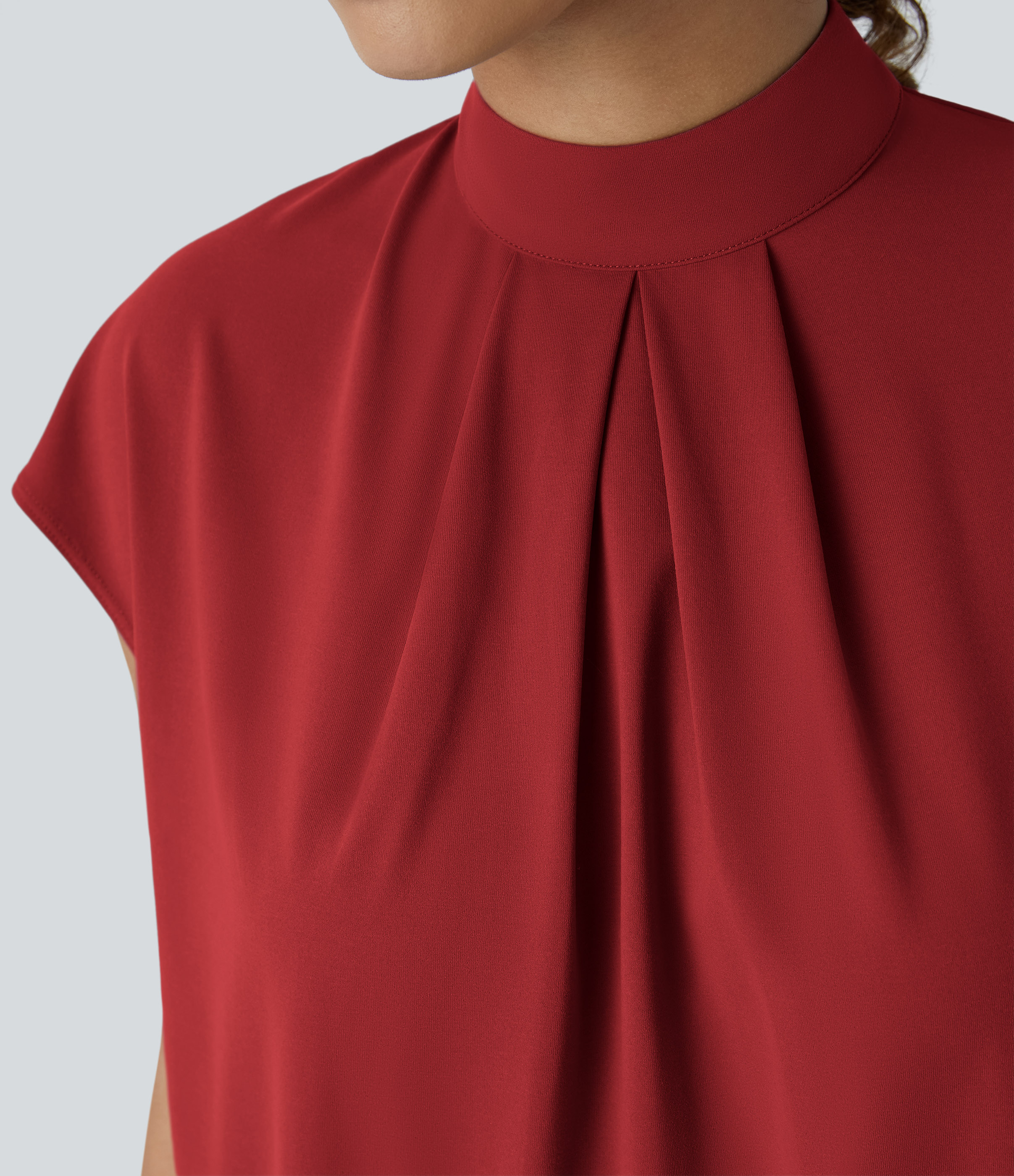 Halara Stand Collar Plicated Button Back Cap Sleeve Work Blouse  - Emboldened - L 