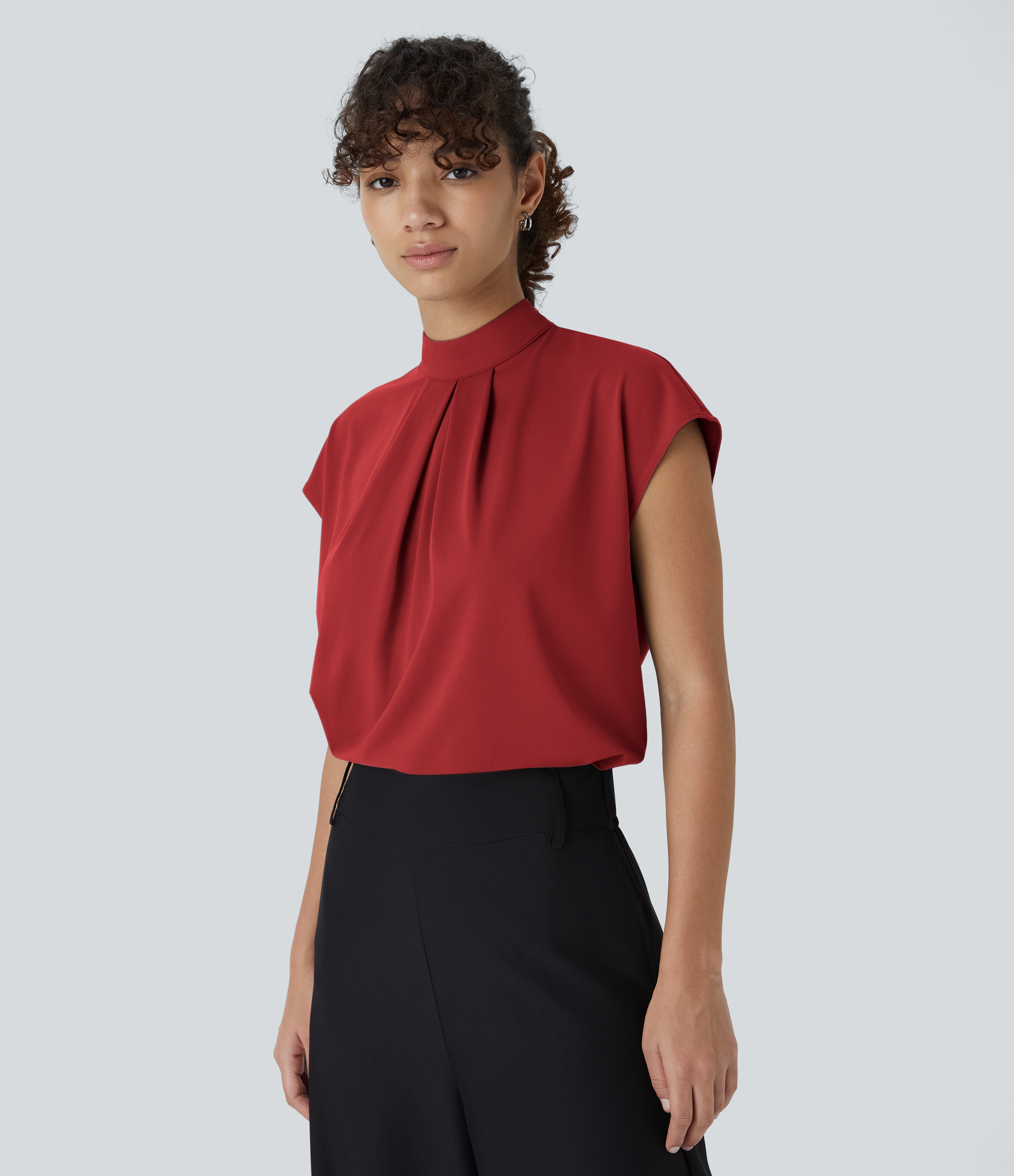 Halara Stand Collar Plicated Button Back Cap Sleeve Work Blouse  - Emboldened - L 
