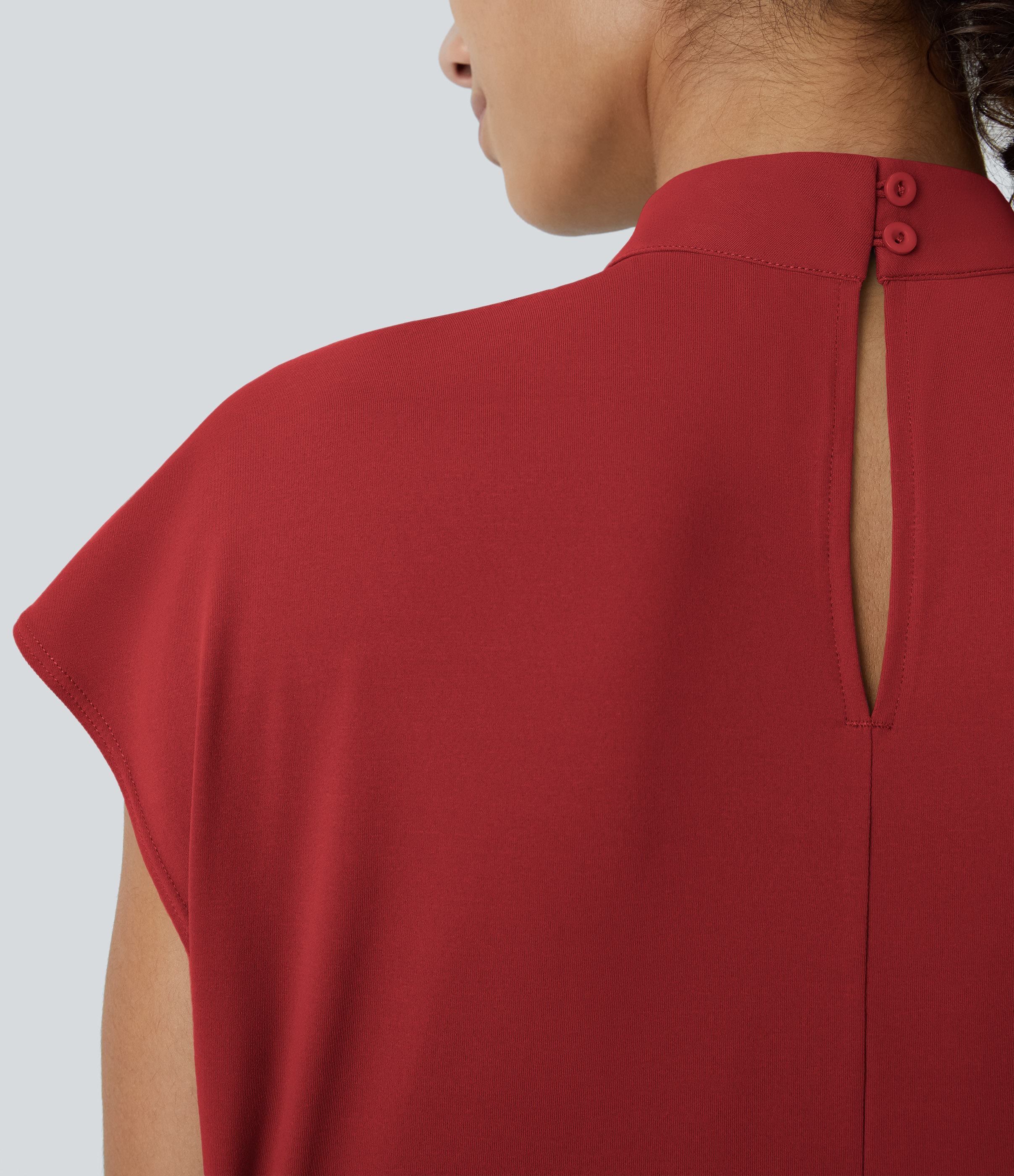 Halara Stand Collar Plicated Button Back Cap Sleeve Work Blouse  - Emboldened - L 