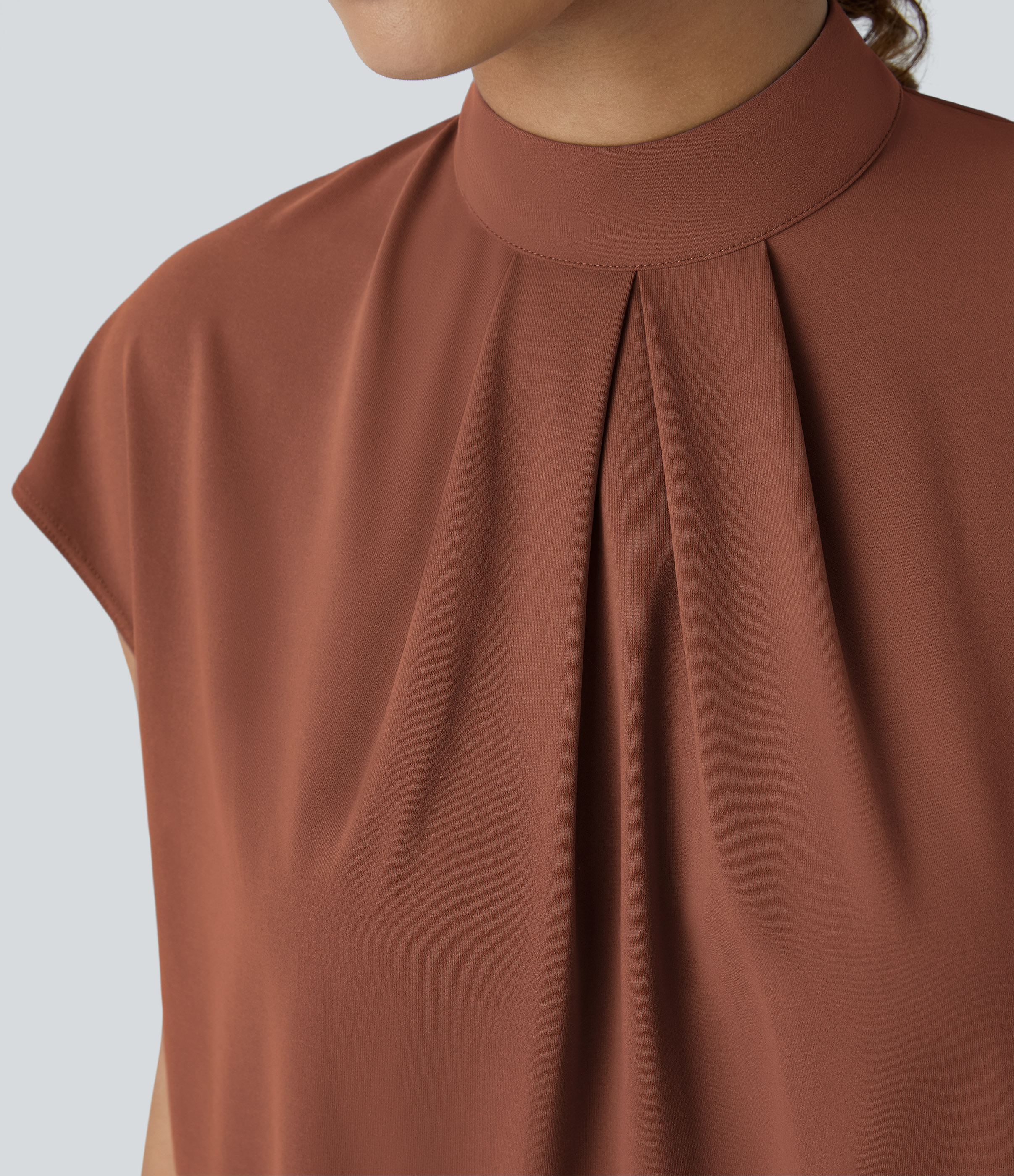 Halara Stand Collar Plicated Button Back Cap Sleeve Work Blouse  - Maple Syrup - L 