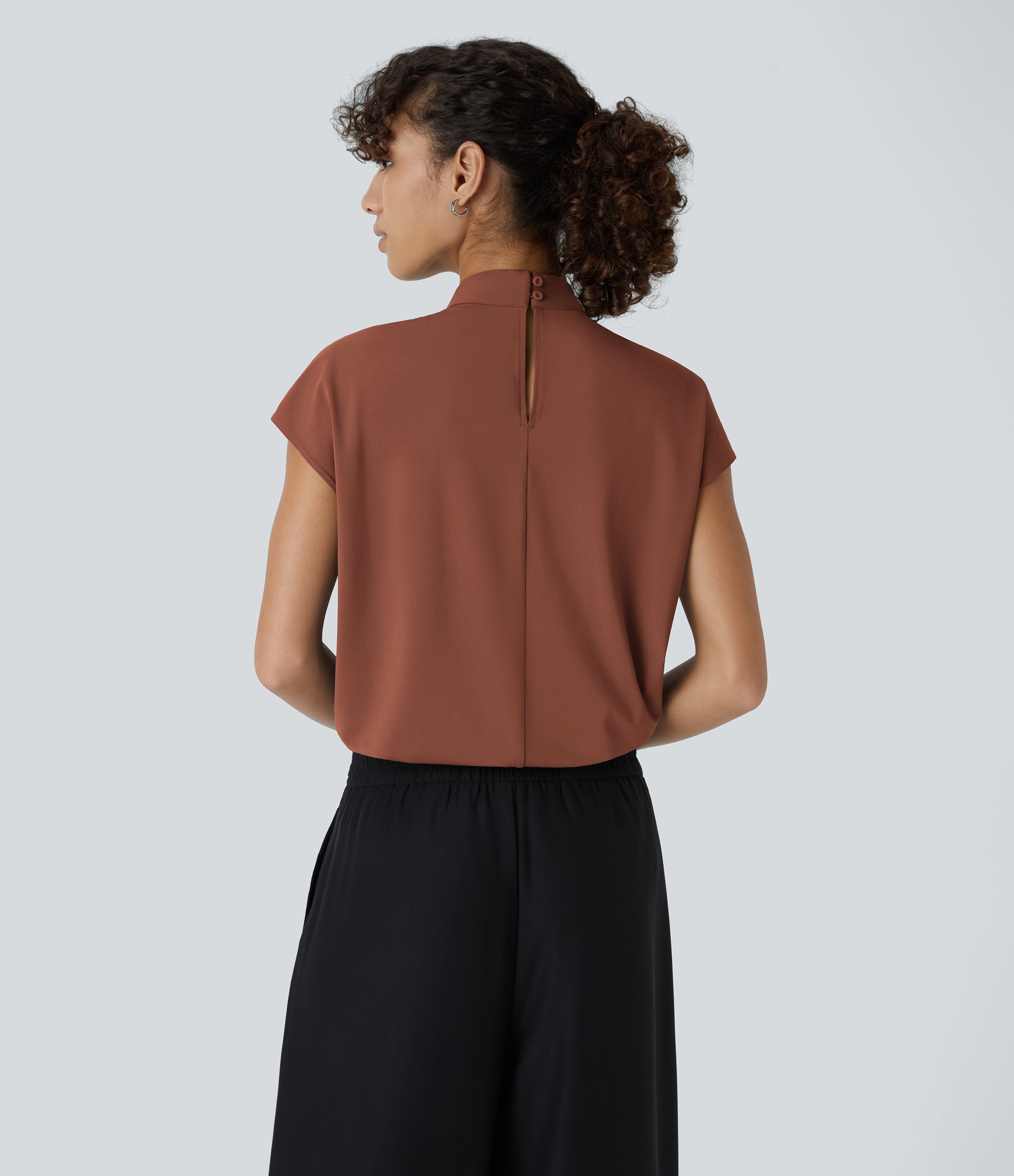 Halara Stand Collar Plicated Button Back Cap Sleeve Work Blouse  - Maple Syrup - L 