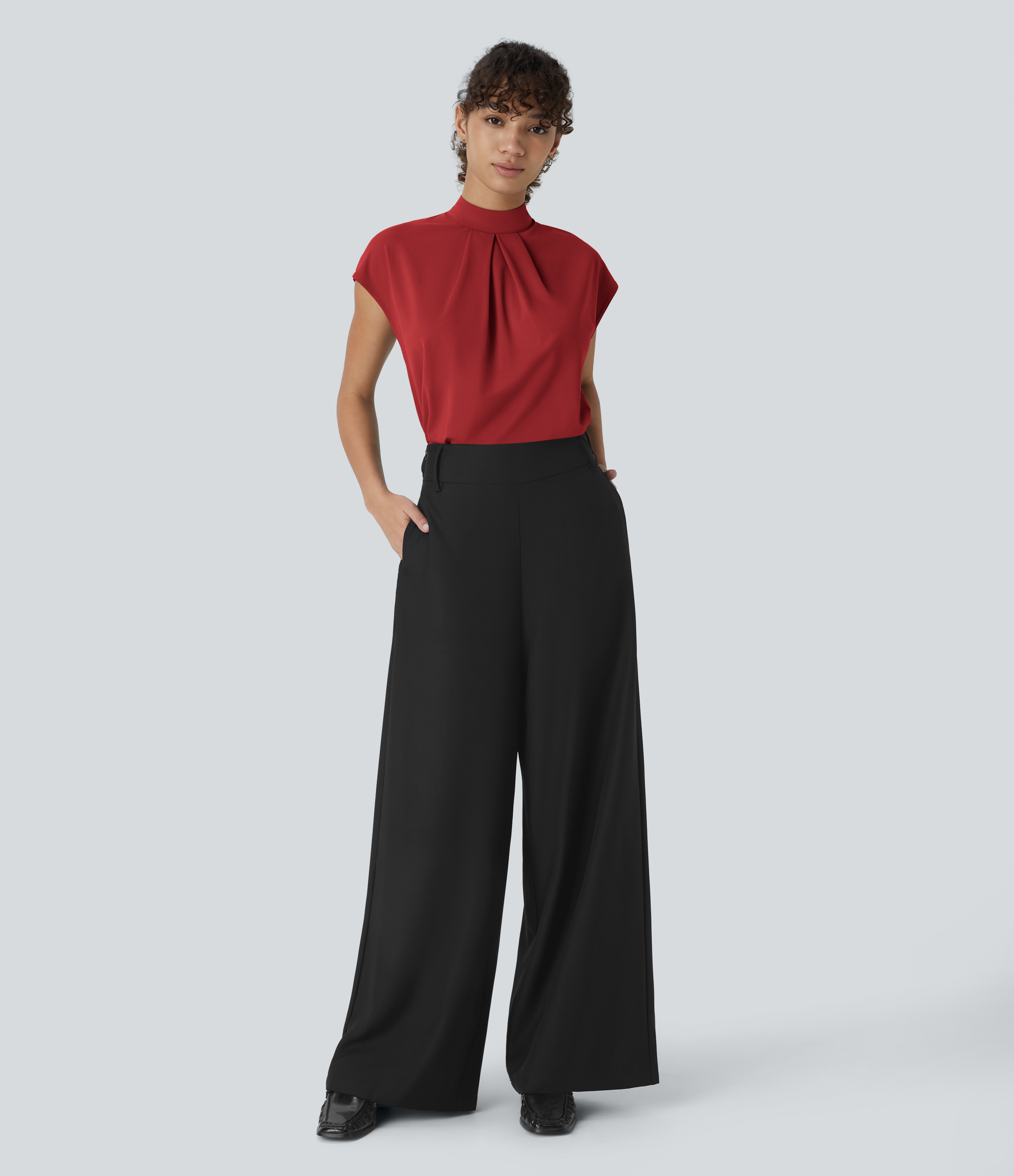 Halara Stand Collar Plicated Button Back Cap Sleeve Work Blouse  - Emboldened - L 
