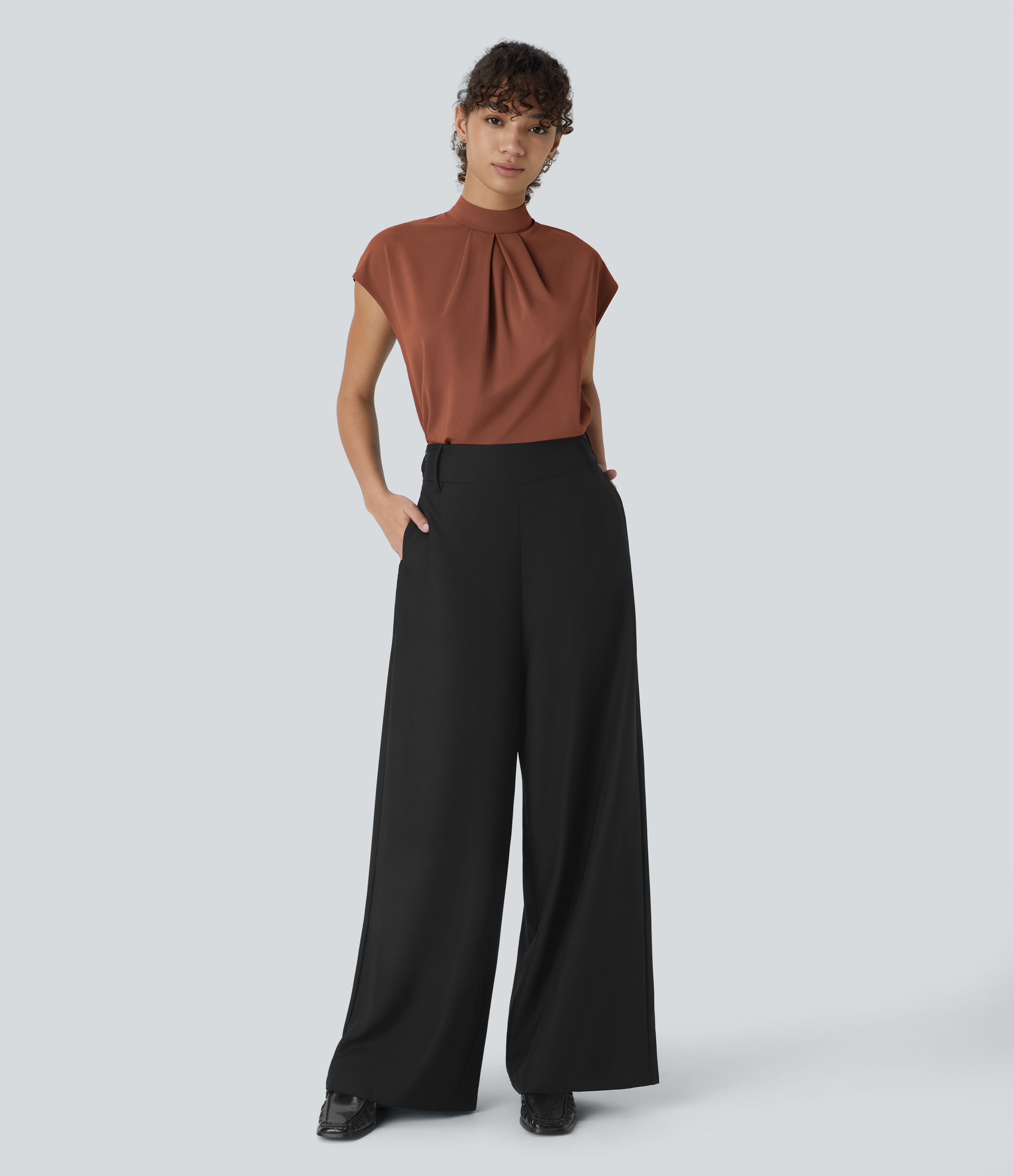 Halara Stand Collar Plicated Button Back Cap Sleeve Work Blouse  - Maple Syrup - L 