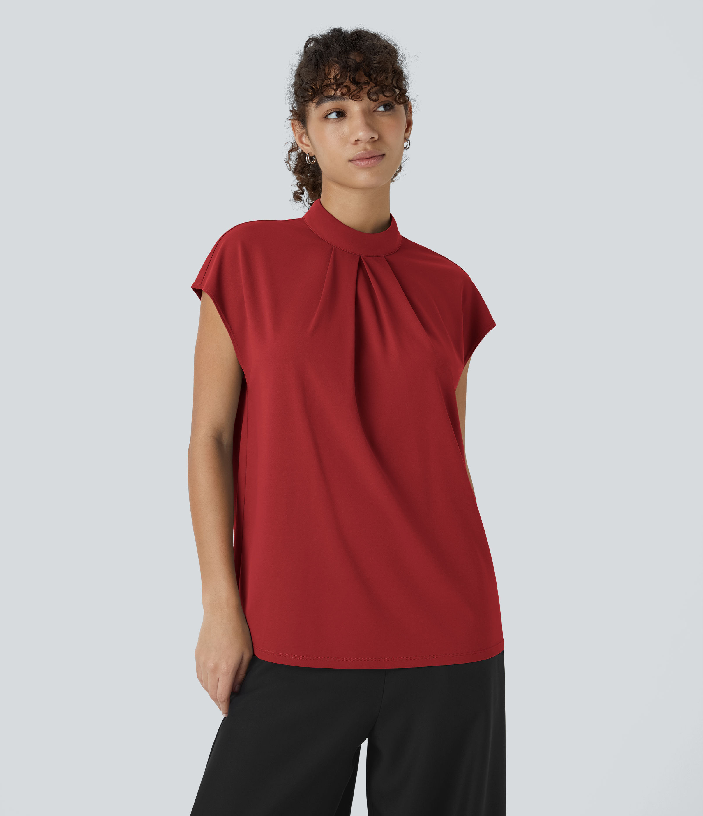Halara Stand Collar Plicated Button Back Cap Sleeve Work Blouse  - Emboldened - L 