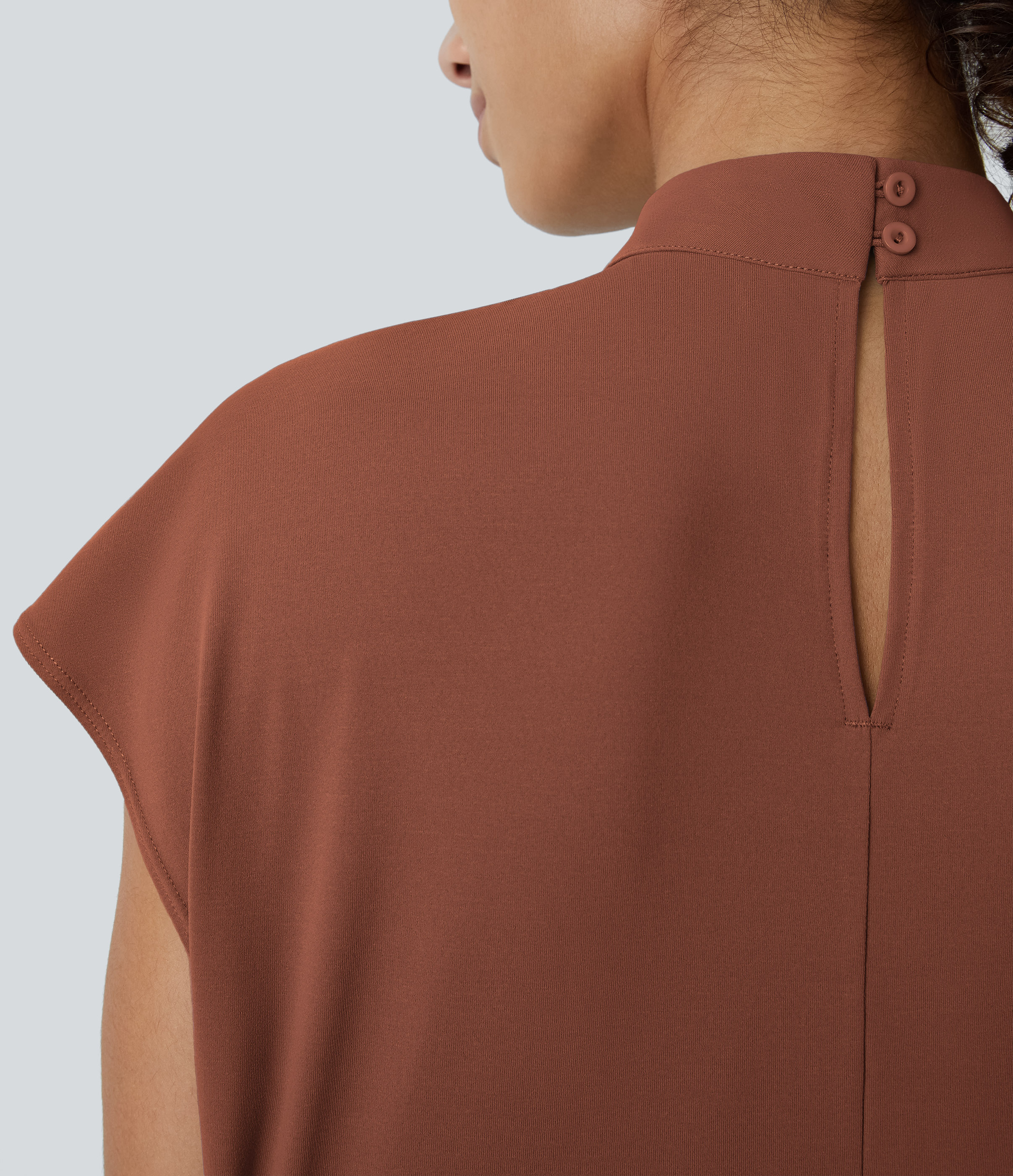 Halara Stand Collar Plicated Button Back Cap Sleeve Work Blouse  - Maple Syrup - L 