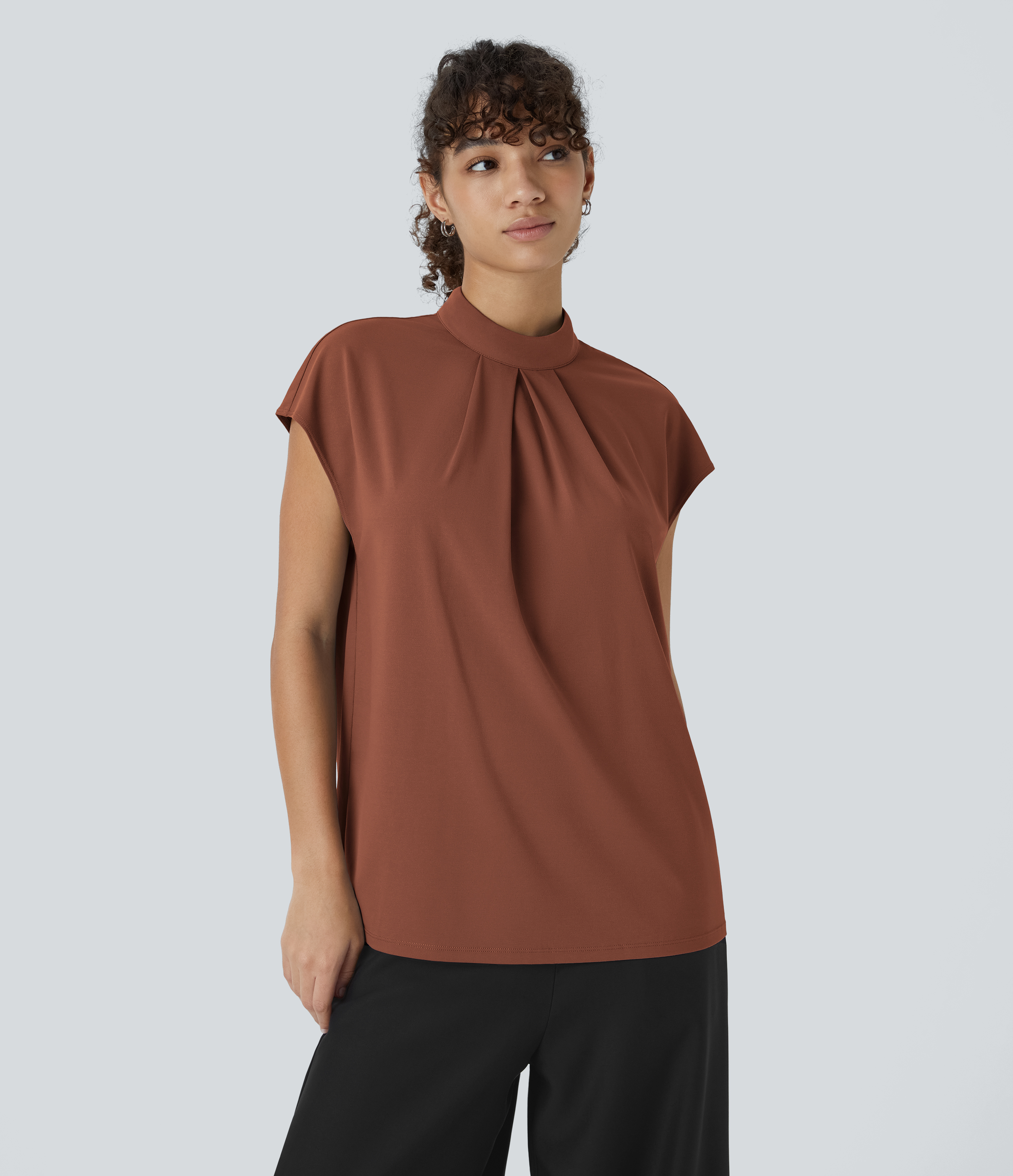 Halara Stand Collar Plicated Button Back Cap Sleeve Work Blouse  - Maple Syrup - L 