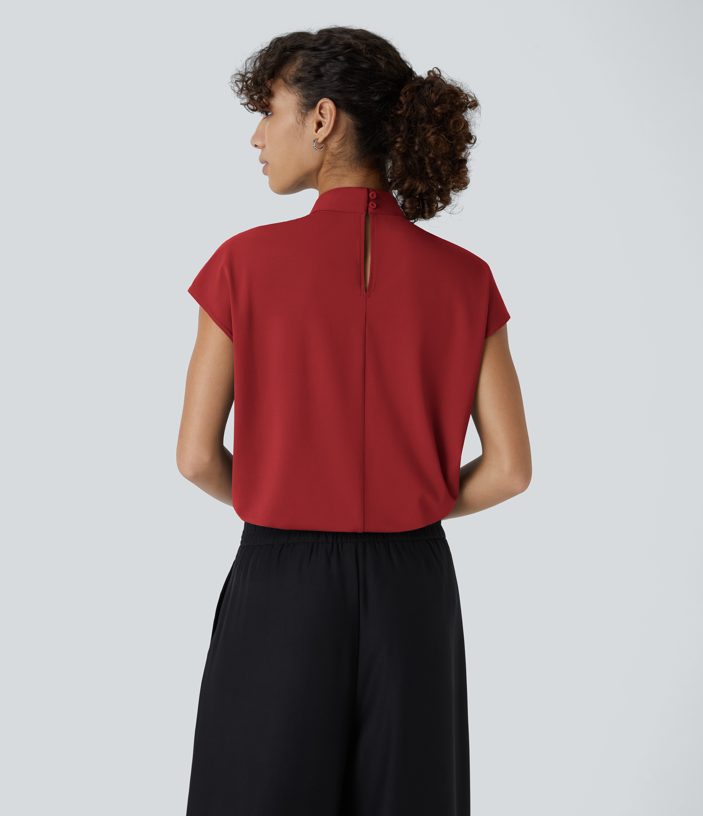 Halara Stand Collar Plicated Button Back Cap Sleeve Work Blouse  - Emboldened - L 