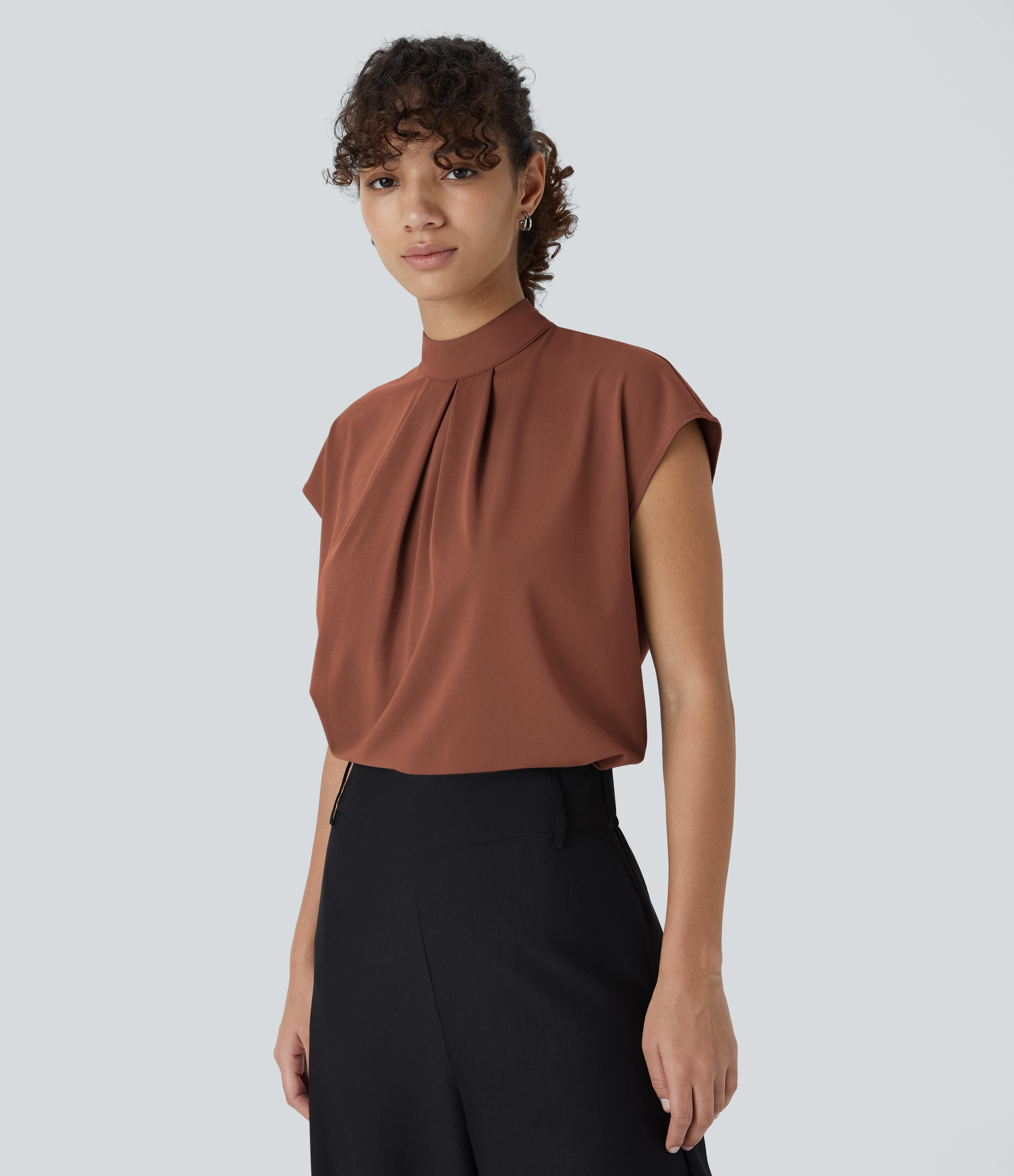 Halara Stand Collar Plicated Button Back Cap Sleeve Work Blouse  - Maple Syrup - L 