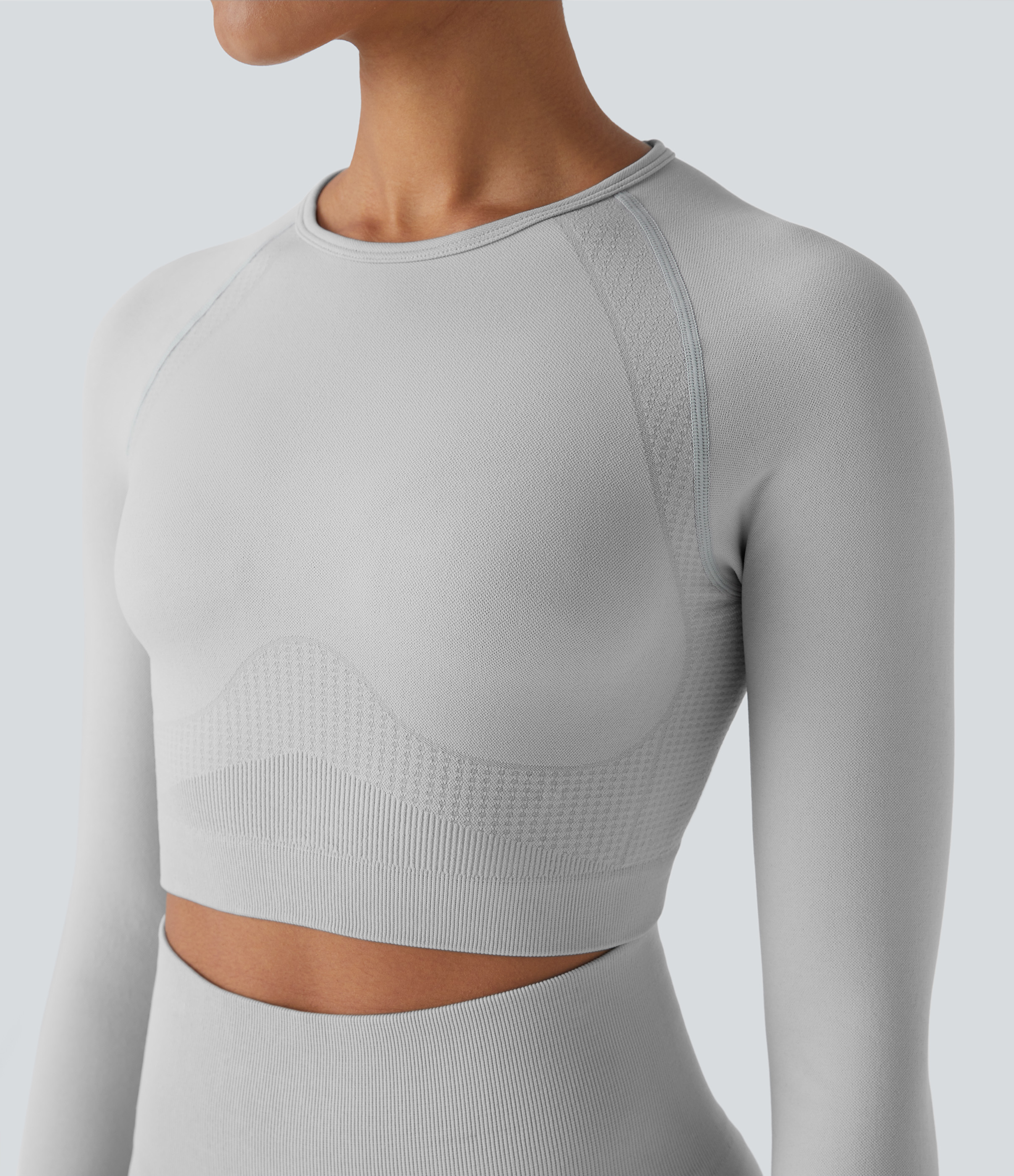 Halara Seamless Flow Round Neck Raglan Long Sleeve Skinny Cropped Yoga Top Tank Top - Aloof Grey - L golf tops halter top tunic tops 
