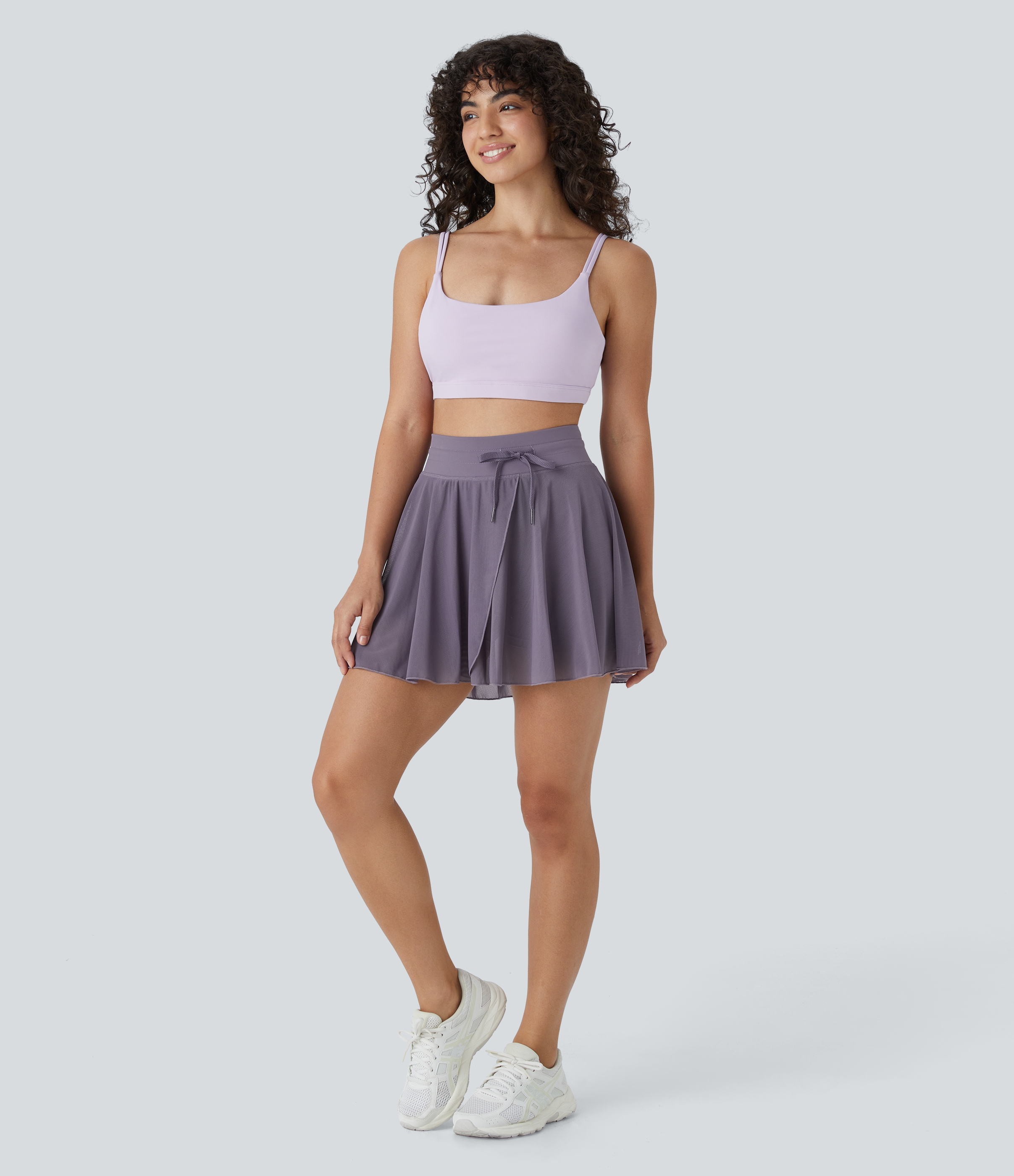 Halara High Waisted Drawstring Contrast Mesh 2-in-1 Side Pocket Flowy Mini Flare Casual Skirt  - Stardust Mauve - L midi skirt a line skirt 