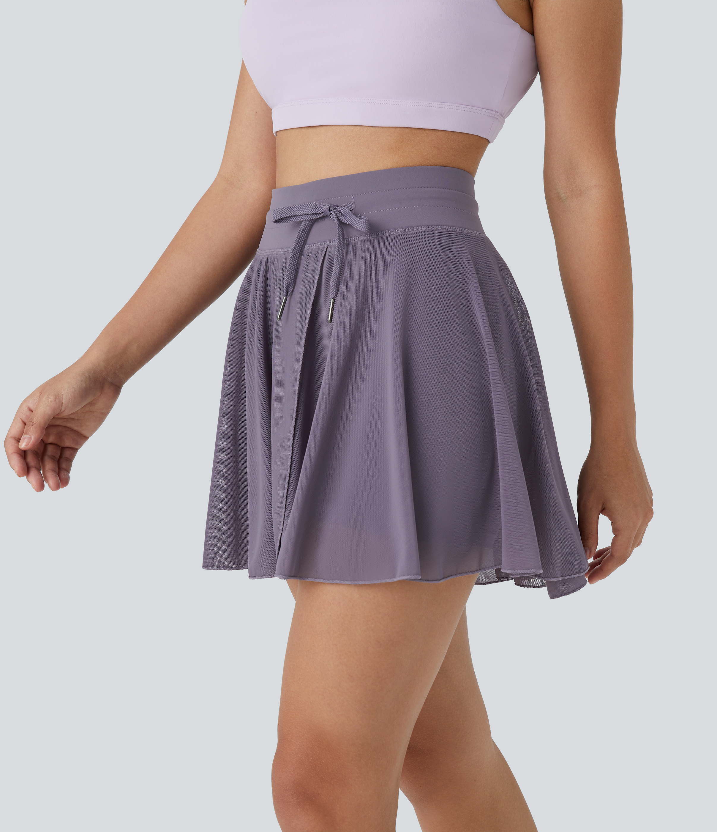 Halara High Waisted Drawstring Contrast Mesh 2-in-1 Side Pocket Flowy Mini Flare Casual Skirt  - Stardust Mauve - L midi skirt a line skirt 
