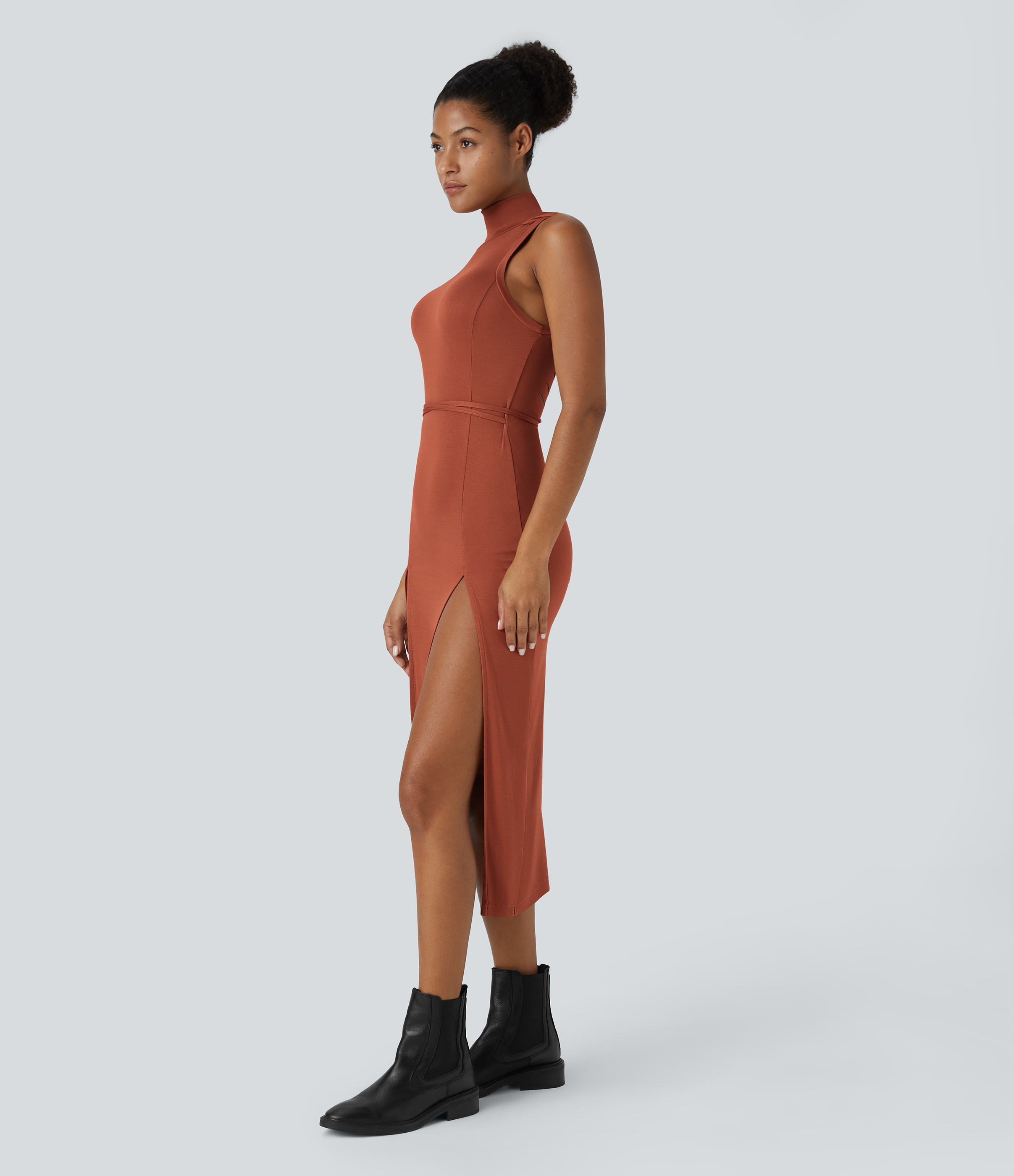Halara Ribbed Hooded High Neck Sleeveless Cut Out Tie Back Split 2-Piece Midi Casual Dress Casual Dress - Picante - L slip dress beach dress 