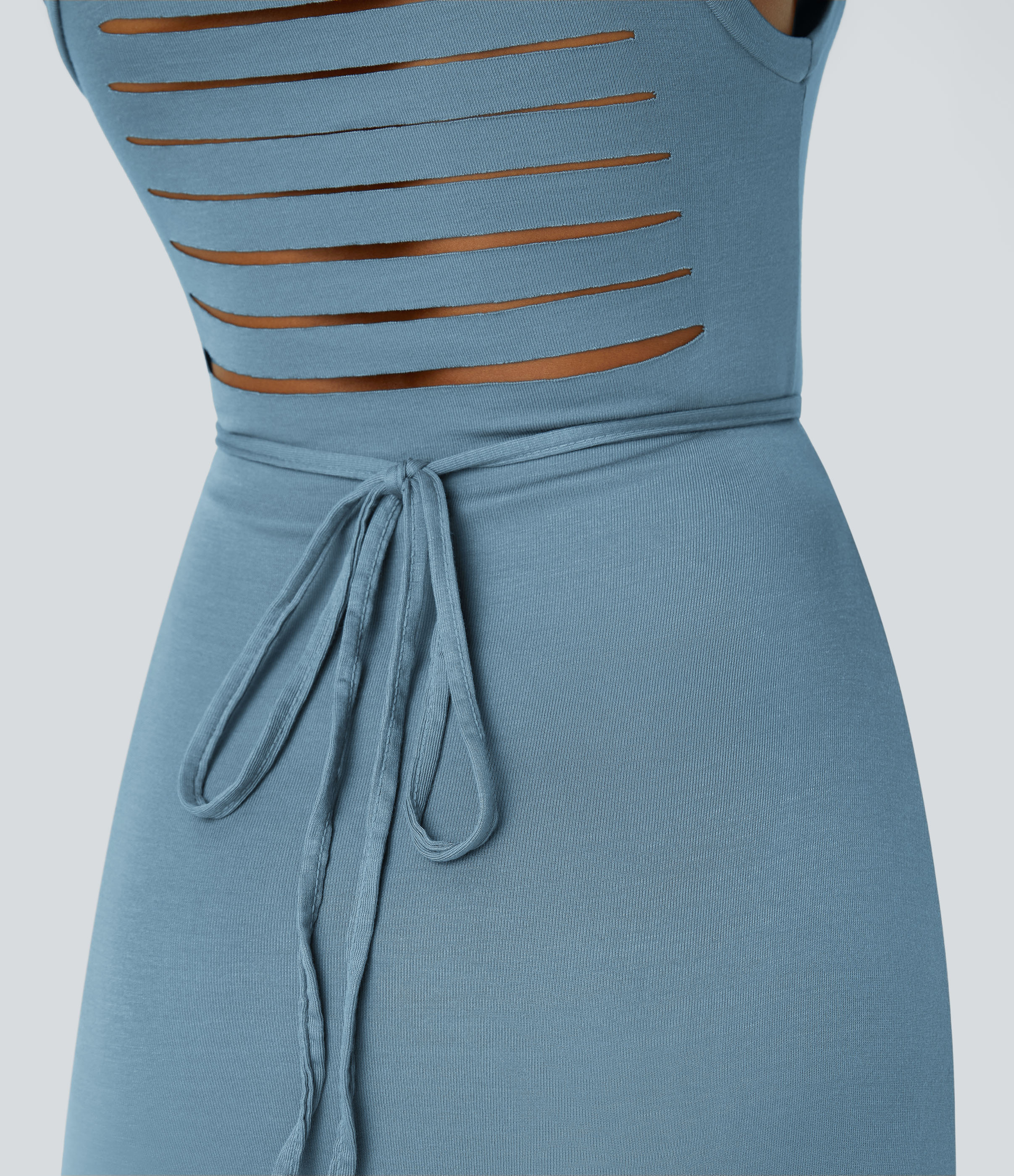 Halara Ribbed Hooded High Neck Sleeveless Cut Out Tie Back Split 2-Piece Midi Casual Dress Casual Dress - Rainy Sky Blue - S slip dress 