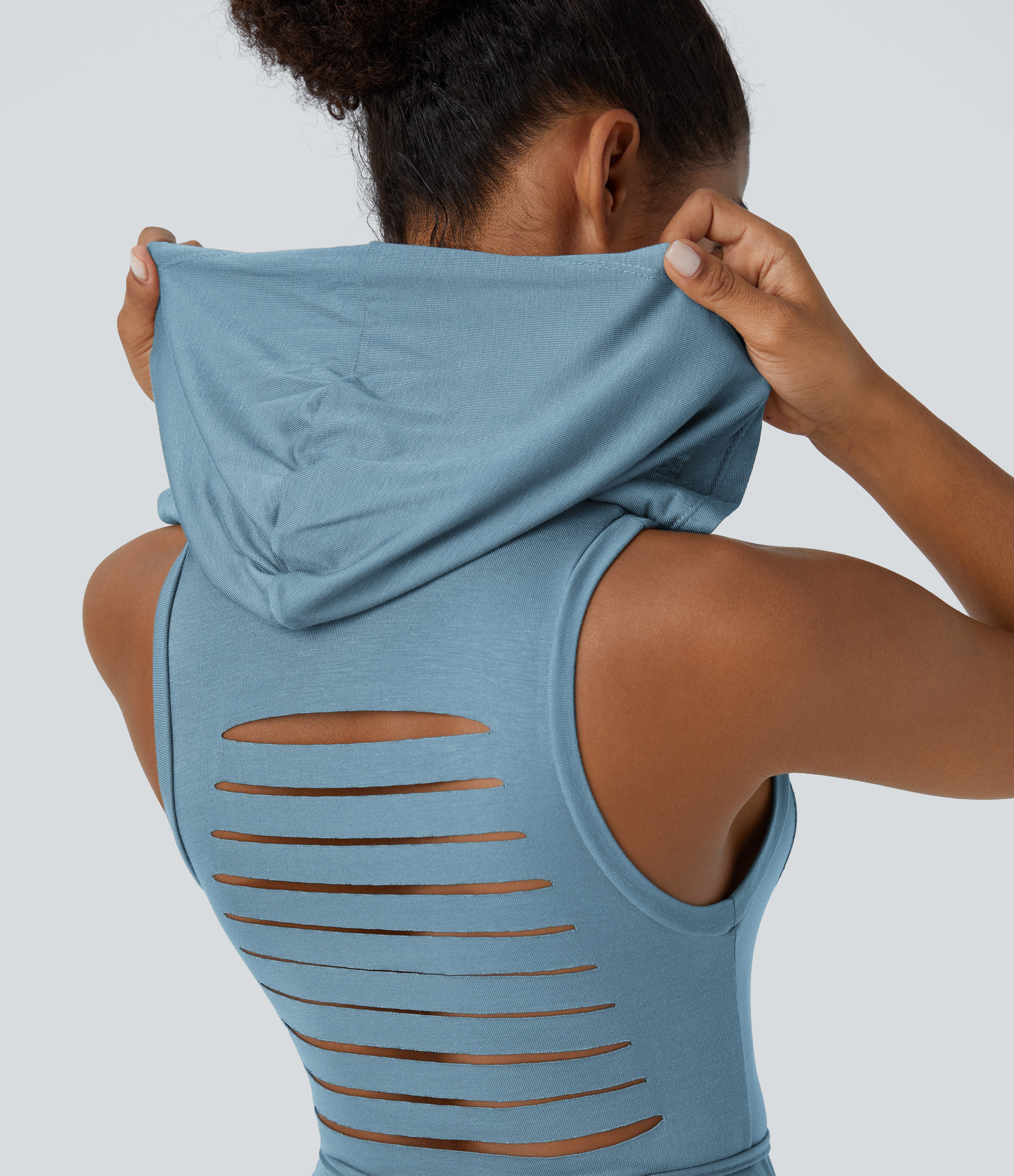 Halara Ribbed Hooded High Neck Sleeveless Cut Out Tie Back Split 2-Piece Midi Casual Dress Casual Dress - Rainy Sky Blue - S slip dress 