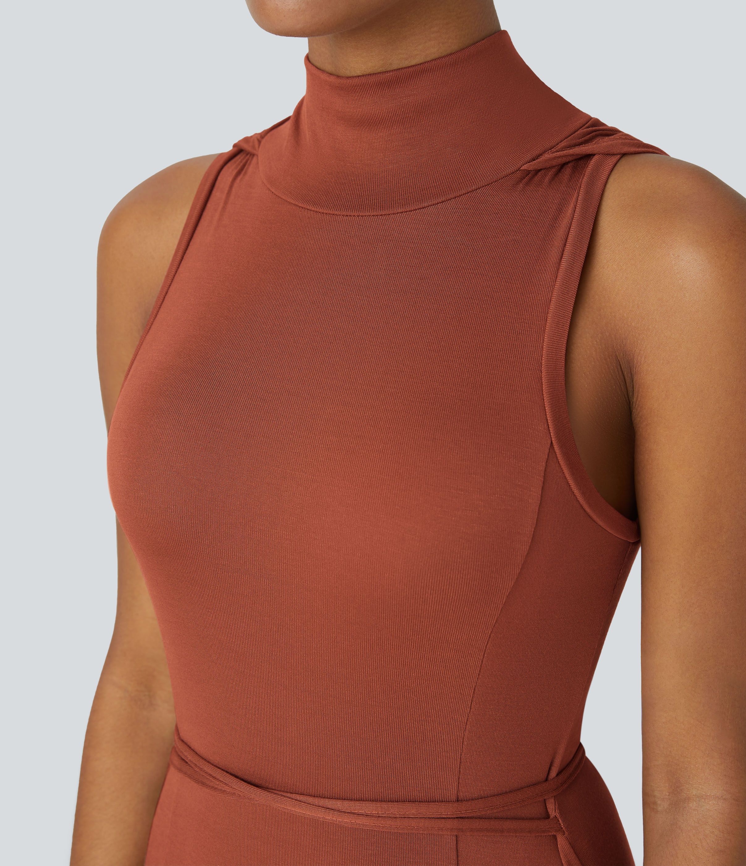 Halara Ribbed Hooded High Neck Sleeveless Cut Out Tie Back Split 2-Piece Midi Casual Dress Casual Dress - Picante - L slip dress beach dress 