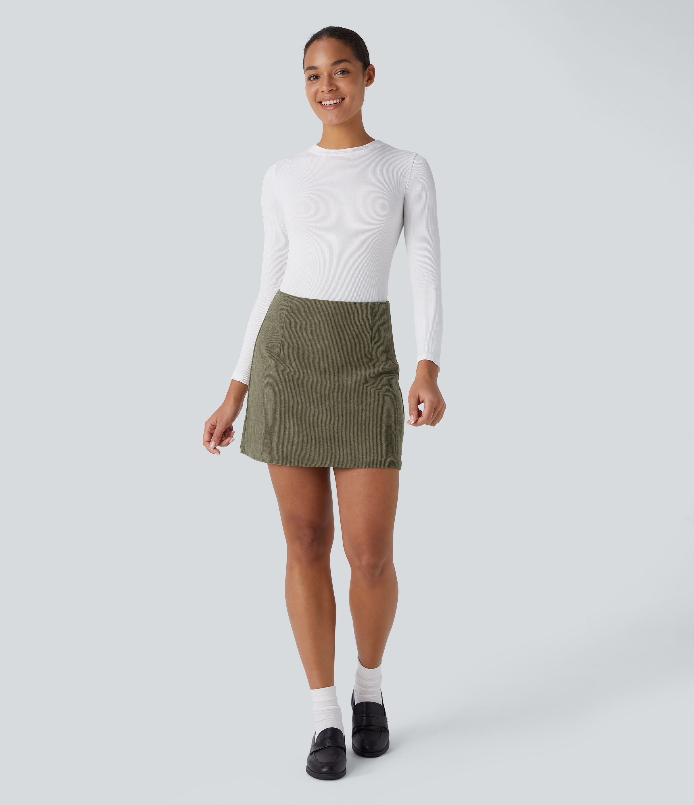Halara High Waisted Invisible Zipper 2-in-1 A Line Mini Corduroy Casual Skirt-Longer Length  - Hazel Mist Green - L(Long) 