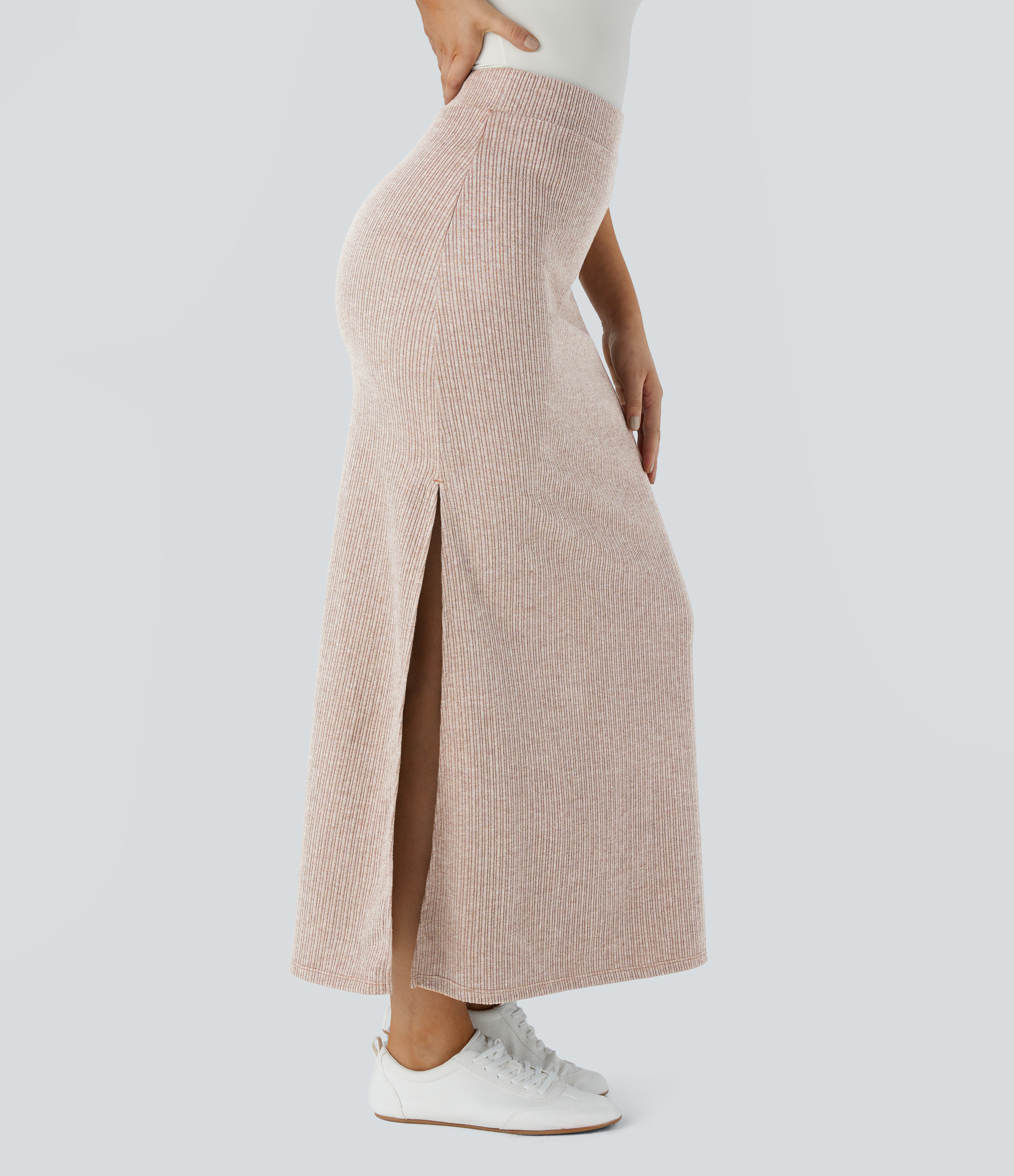 Halara Ribbed High Waisted Split Hem A Line Maxi Casual Skirt  - Lihgt Khaki Floral Yarn - M(regular) 