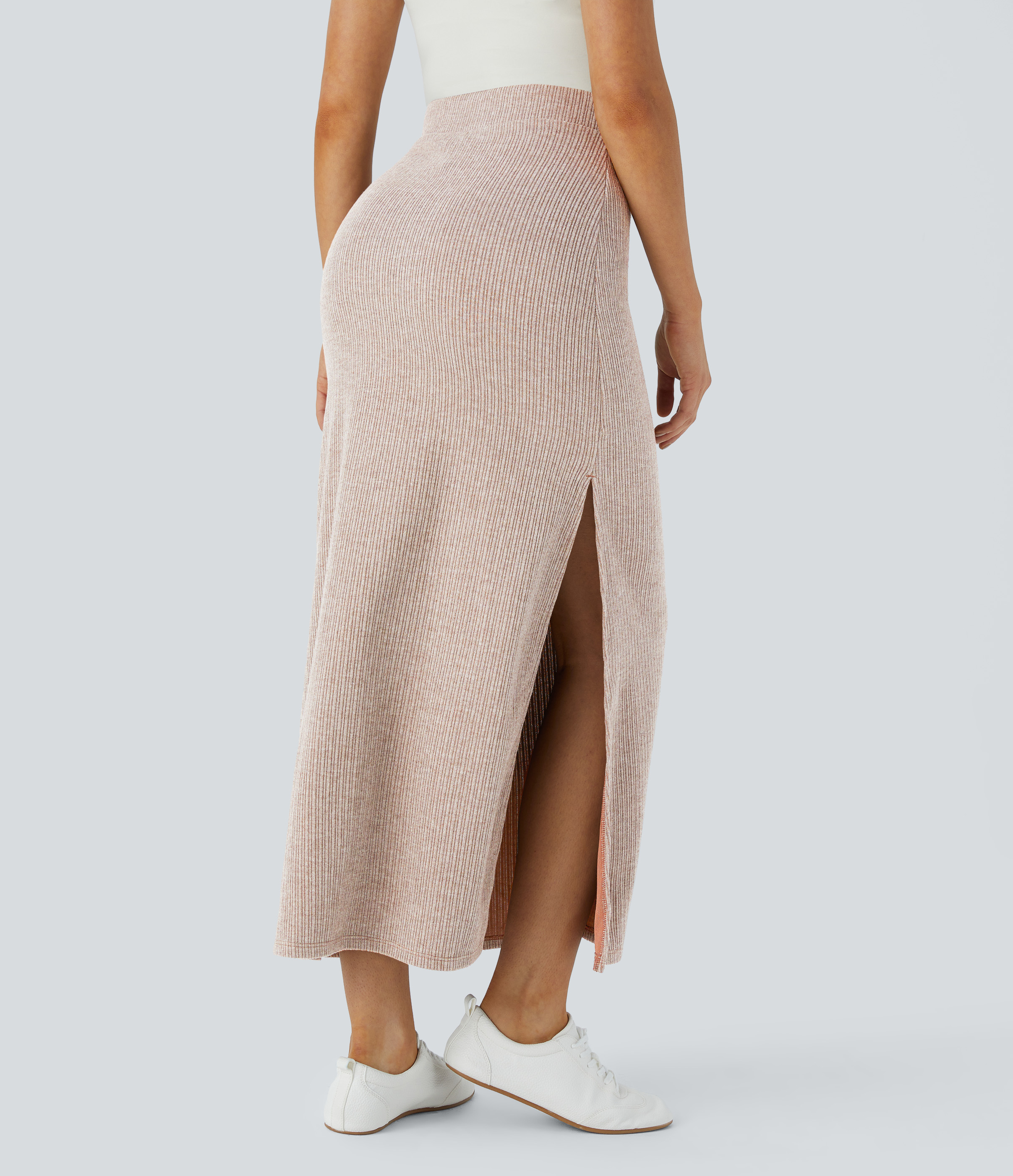 Halara Ribbed High Waisted Split Hem A Line Maxi Casual Skirt  - Lihgt Khaki Floral Yarn - M(regular) 