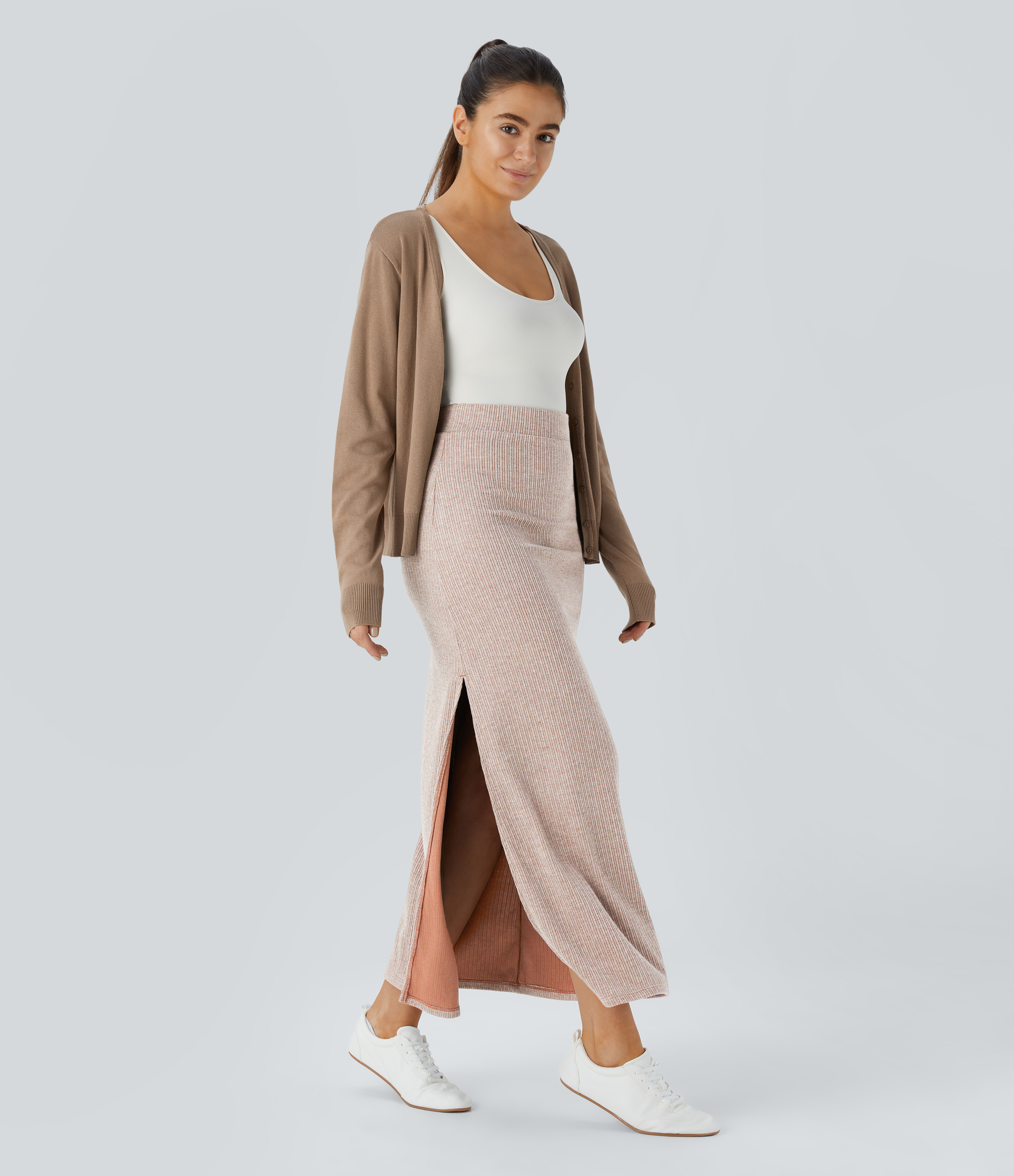 Halara Ribbed High Waisted Split Hem A Line Maxi Casual Skirt  - Lihgt Khaki Floral Yarn - M(regular) 