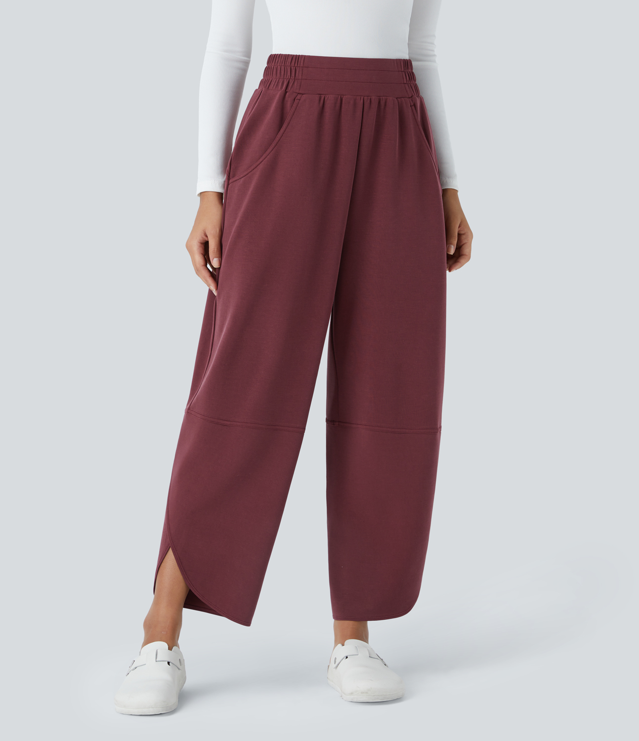 Halara High Waisted Plicated Side Pocket Split Hem Casual Pants  - Oxblood Red - S(regular) 