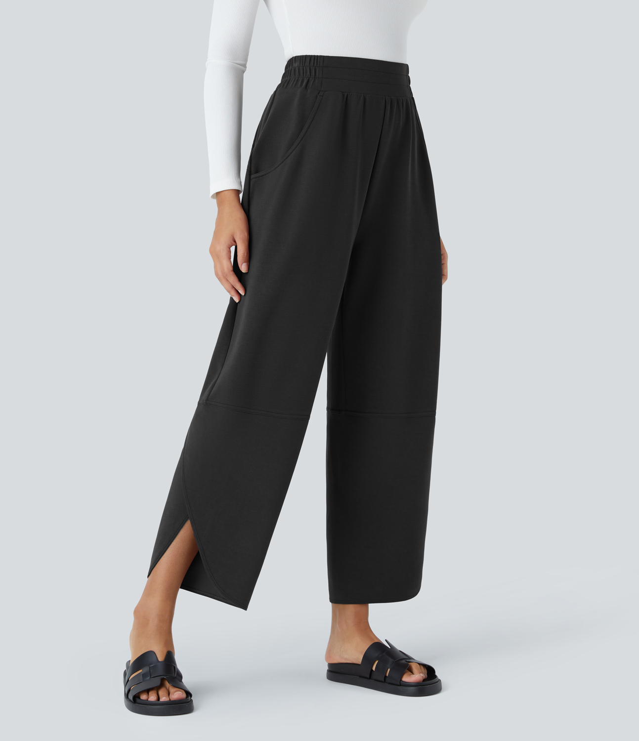 Halara High Waisted Plicated Side Pocket Split Hem Casual Pants  - Black - S(regular) 