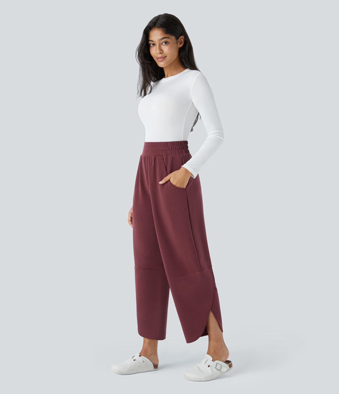 Halara High Waisted Plicated Side Pocket Split Hem Casual Pants  - Oxblood Red - S(regular) 