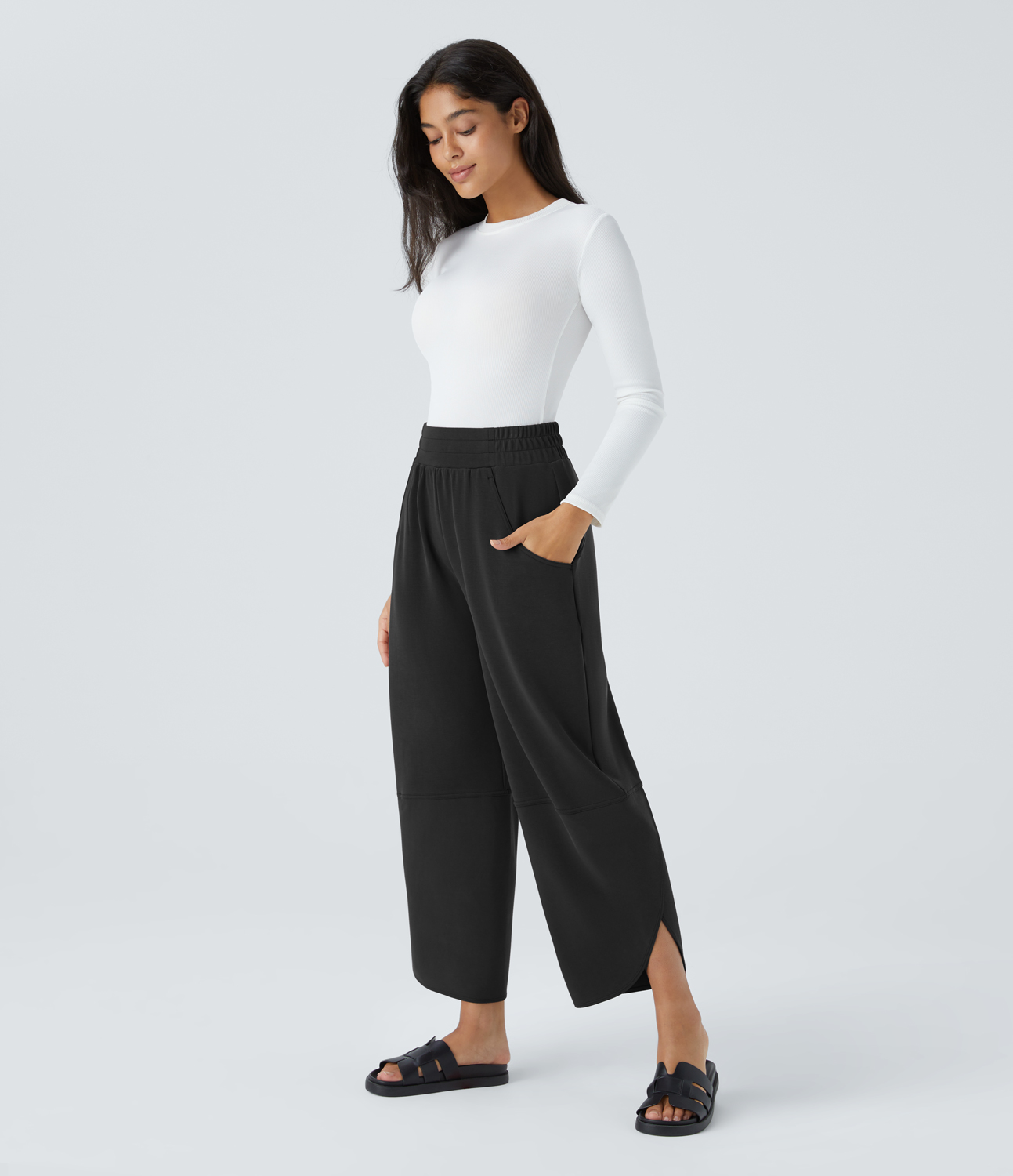 Halara High Waisted Plicated Side Pocket Split Hem Casual Pants  - Black - S(regular) 