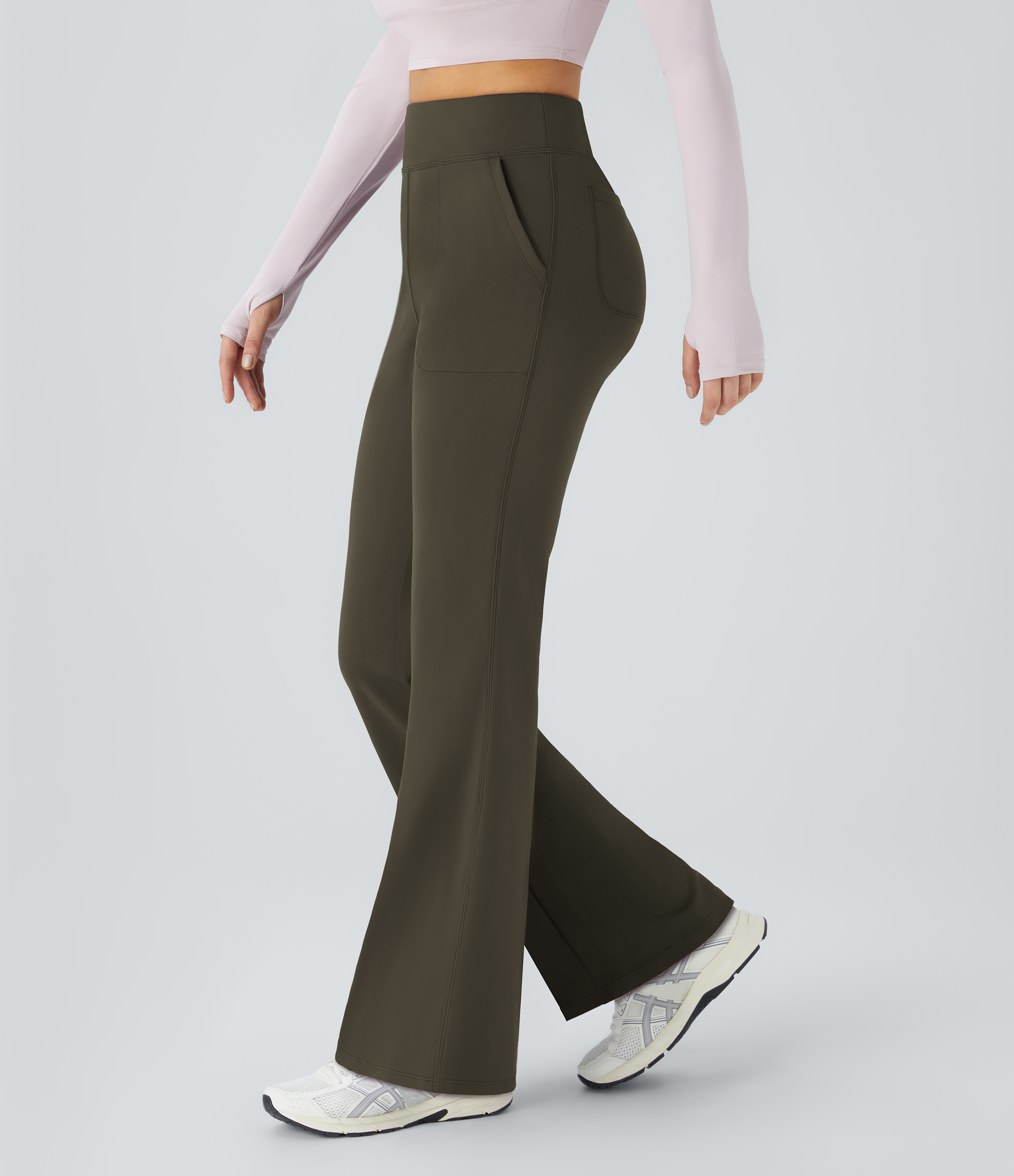 Halara In My Feels High Waisted Side Pocket Plain Flare Leggings  - Forest Night - M gym leggings leggings with pockets 