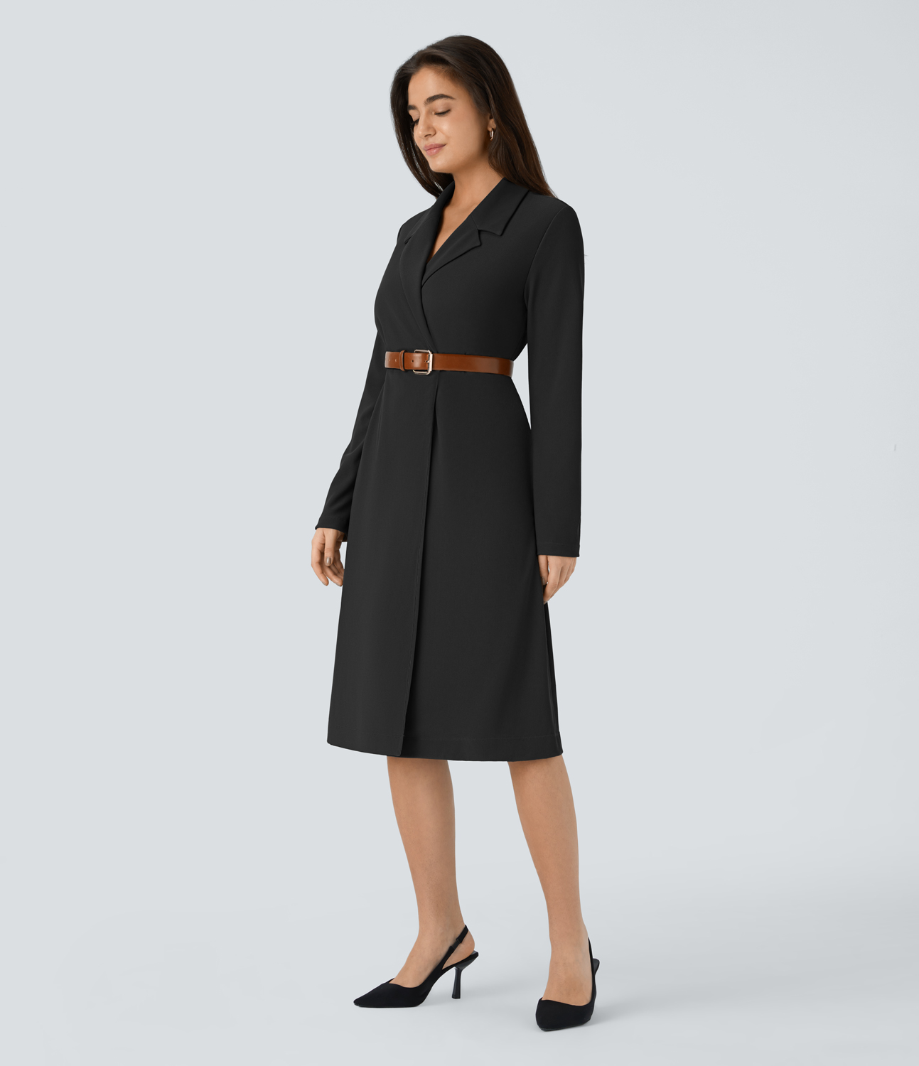 Halara Long Sleeve Button Midi Micro Waffle Work Dress Without Belt Casual Dress - Black - XL slip dress beach dress ruched dress 