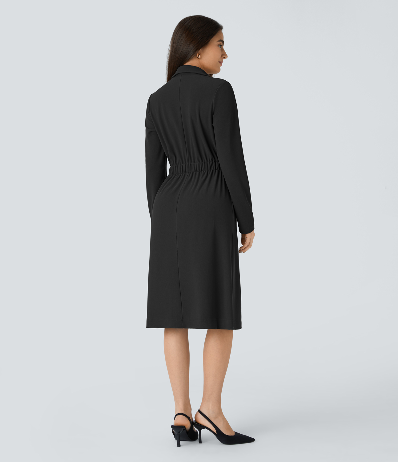Halara Long Sleeve Button Midi Micro Waffle Work Dress Without Belt Casual Dress - Black - XL slip dress beach dress ruched dress 