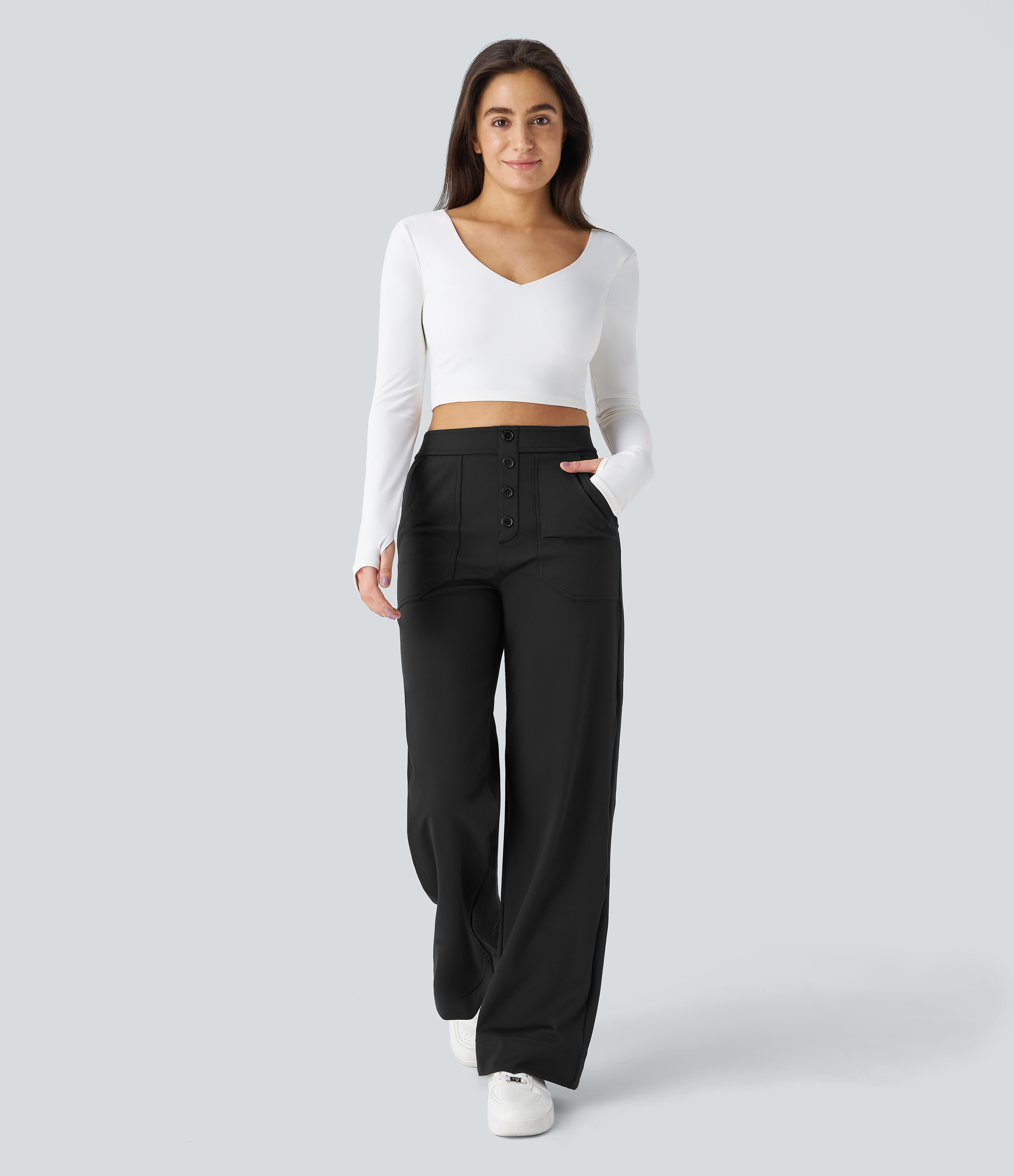 Halara High Waisted Button Multiple Pockets Straight Leg Casual Pants  - Black - M(regular) sweatpants jogger pants stacked sweatpants 