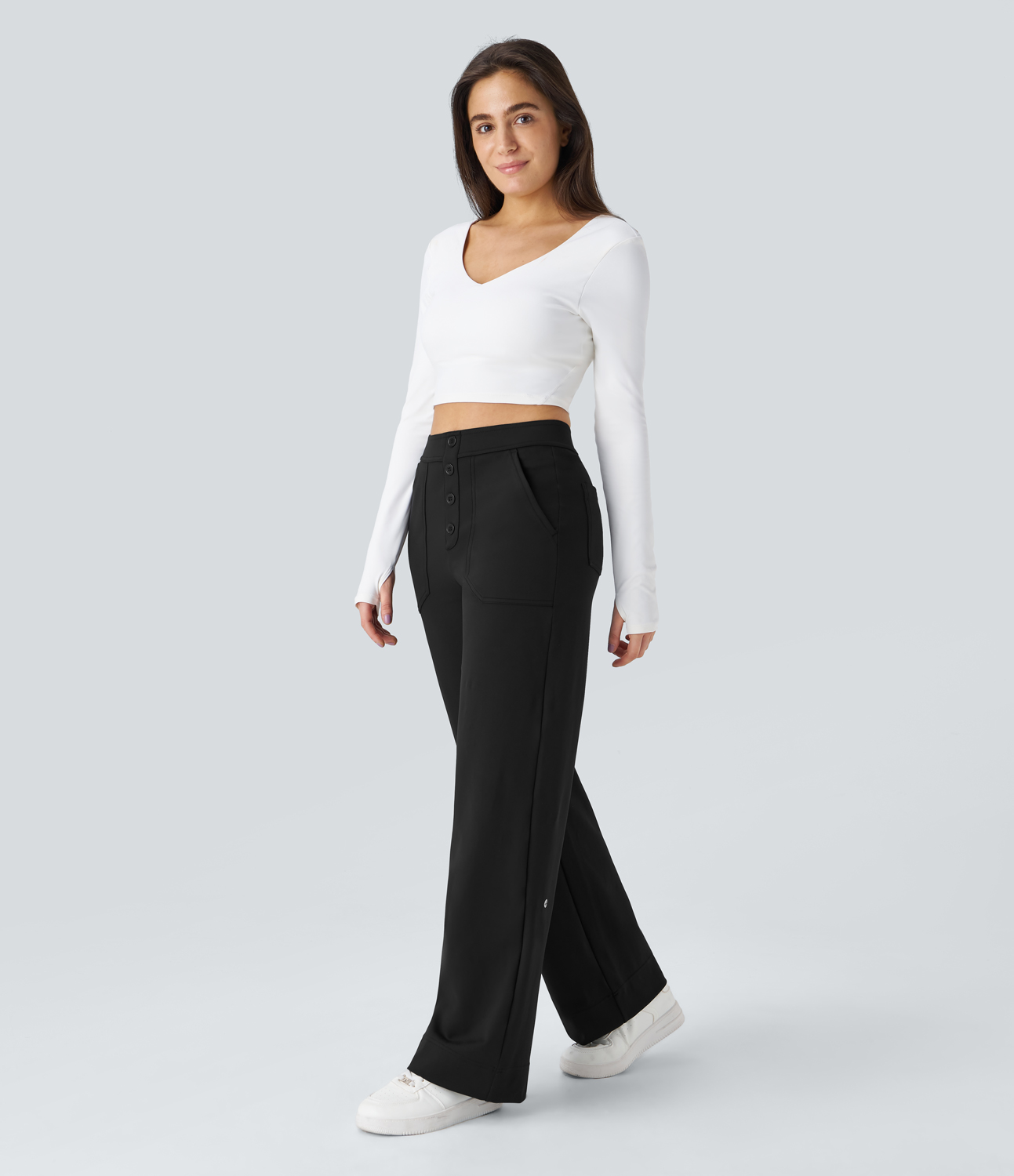 Halara High Waisted Button Multiple Pockets Straight Leg Casual Pants  - Black - M(regular) sweatpants jogger pants stacked sweatpants 