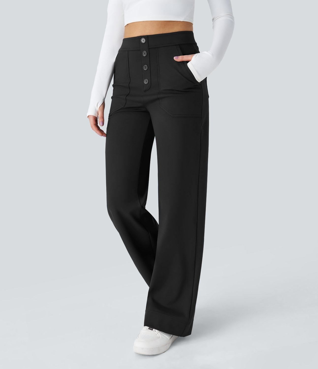 Halara High Waisted Button Multiple Pockets Straight Leg Casual Pants  - Black - M(regular) sweatpants jogger pants stacked sweatpants 