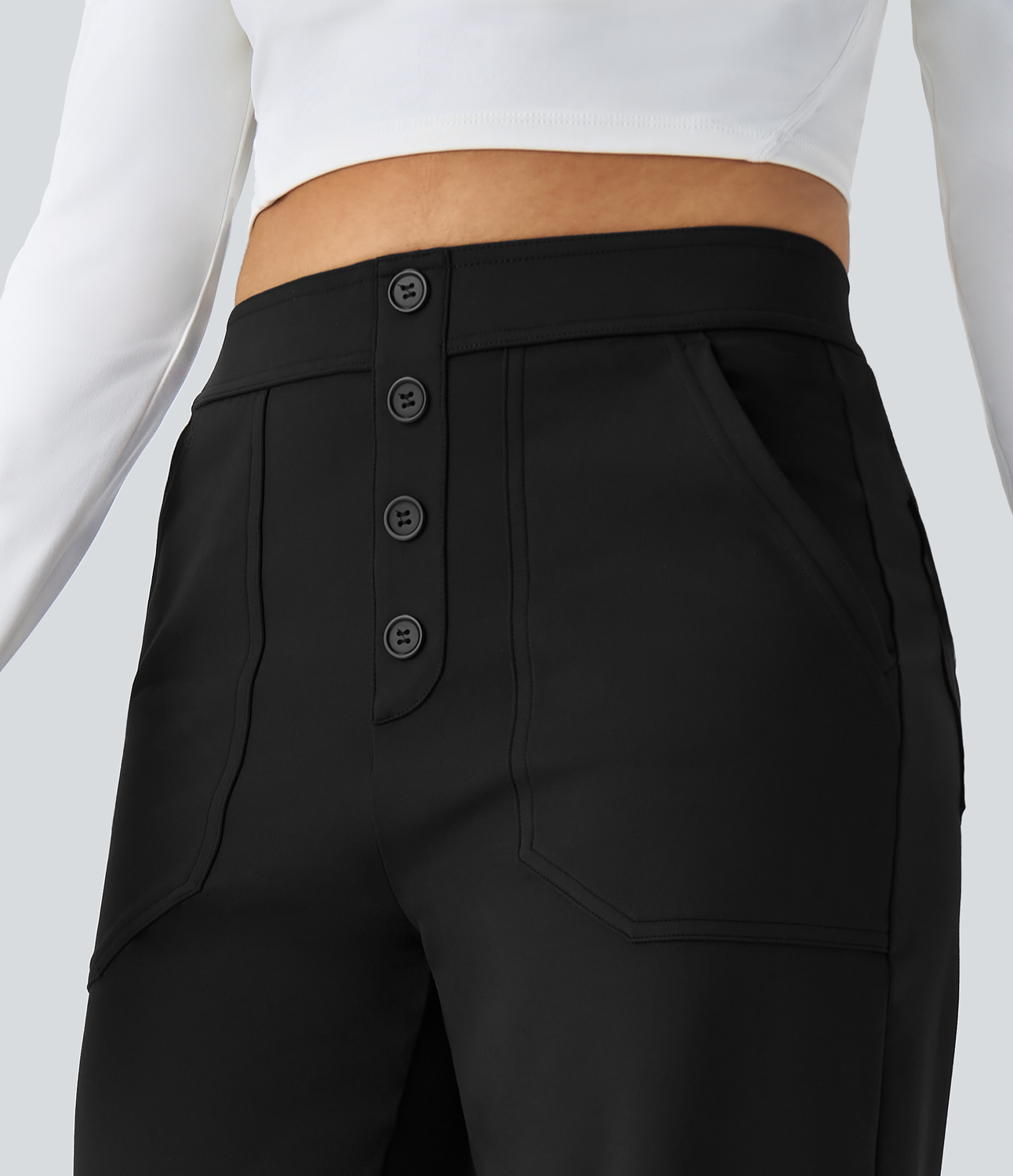Halara High Waisted Button Multiple Pockets Straight Leg Casual Pants  - Black - M(regular) sweatpants jogger pants stacked sweatpants 